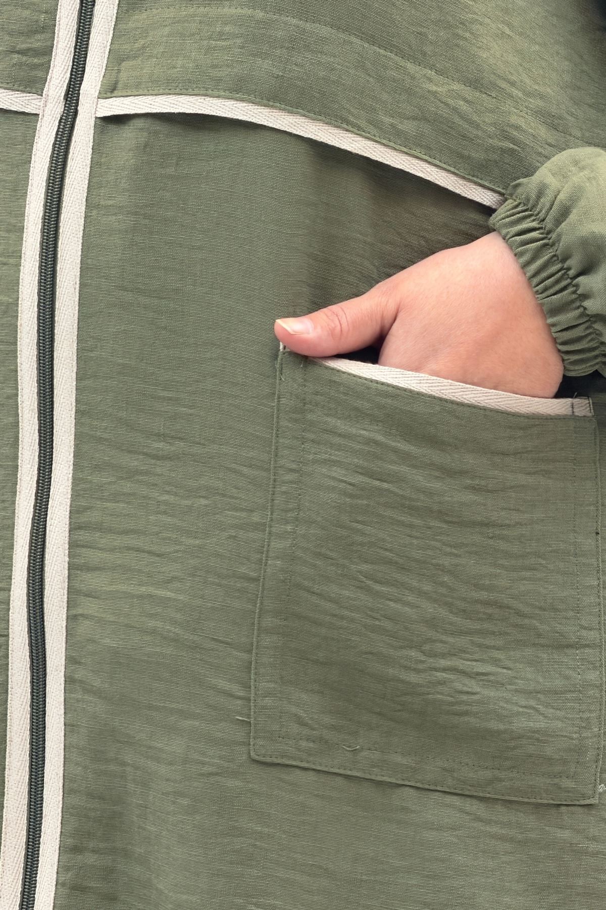 43032 Büyük Beden Biye Detaylı  Keten Kap - Haki