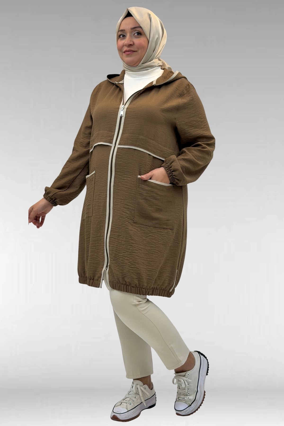 43032 Büyük Beden Biye Detaylı  Keten Kap - Vizon