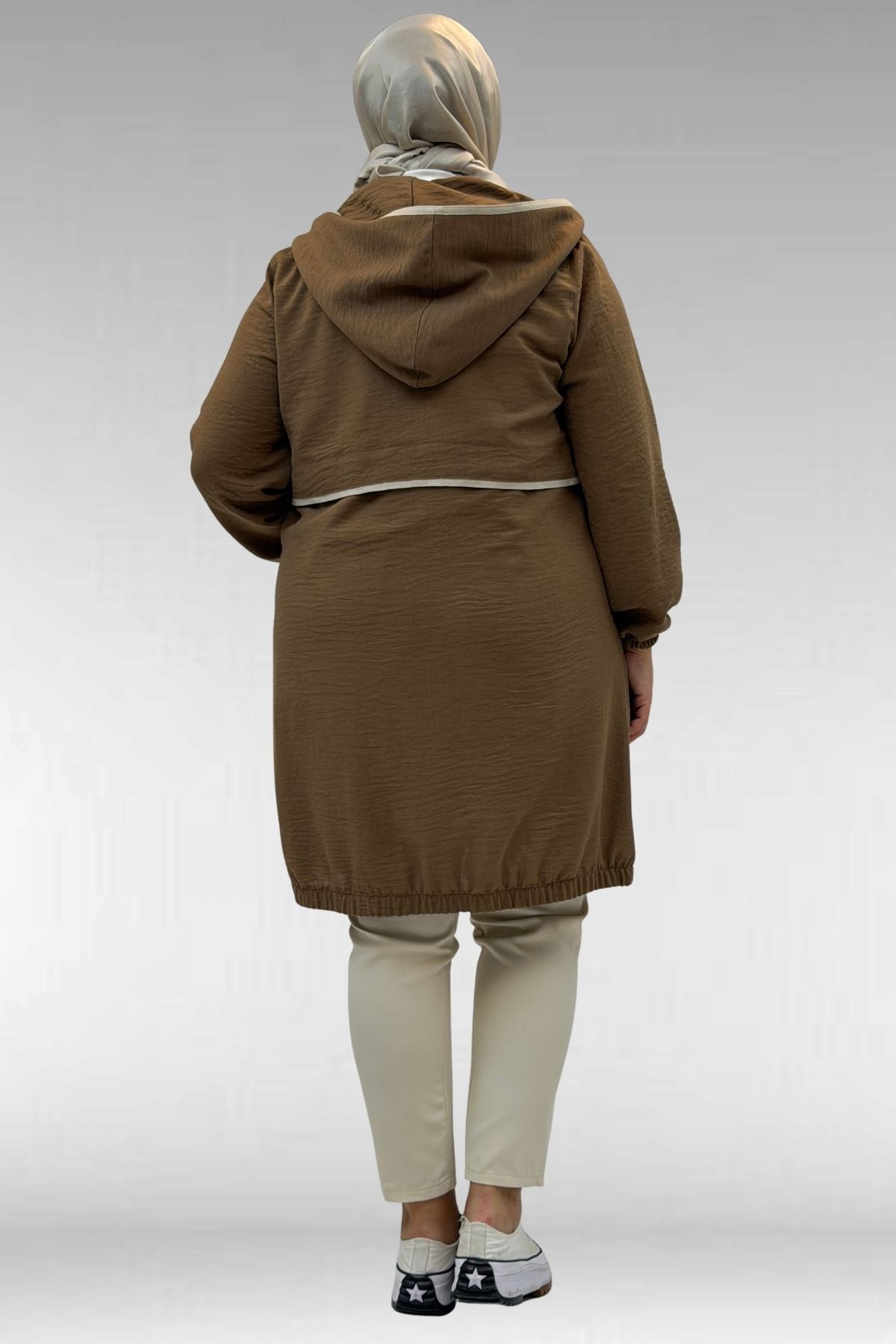 43032 Büyük Beden Biye Detaylı  Keten Kap - Vizon