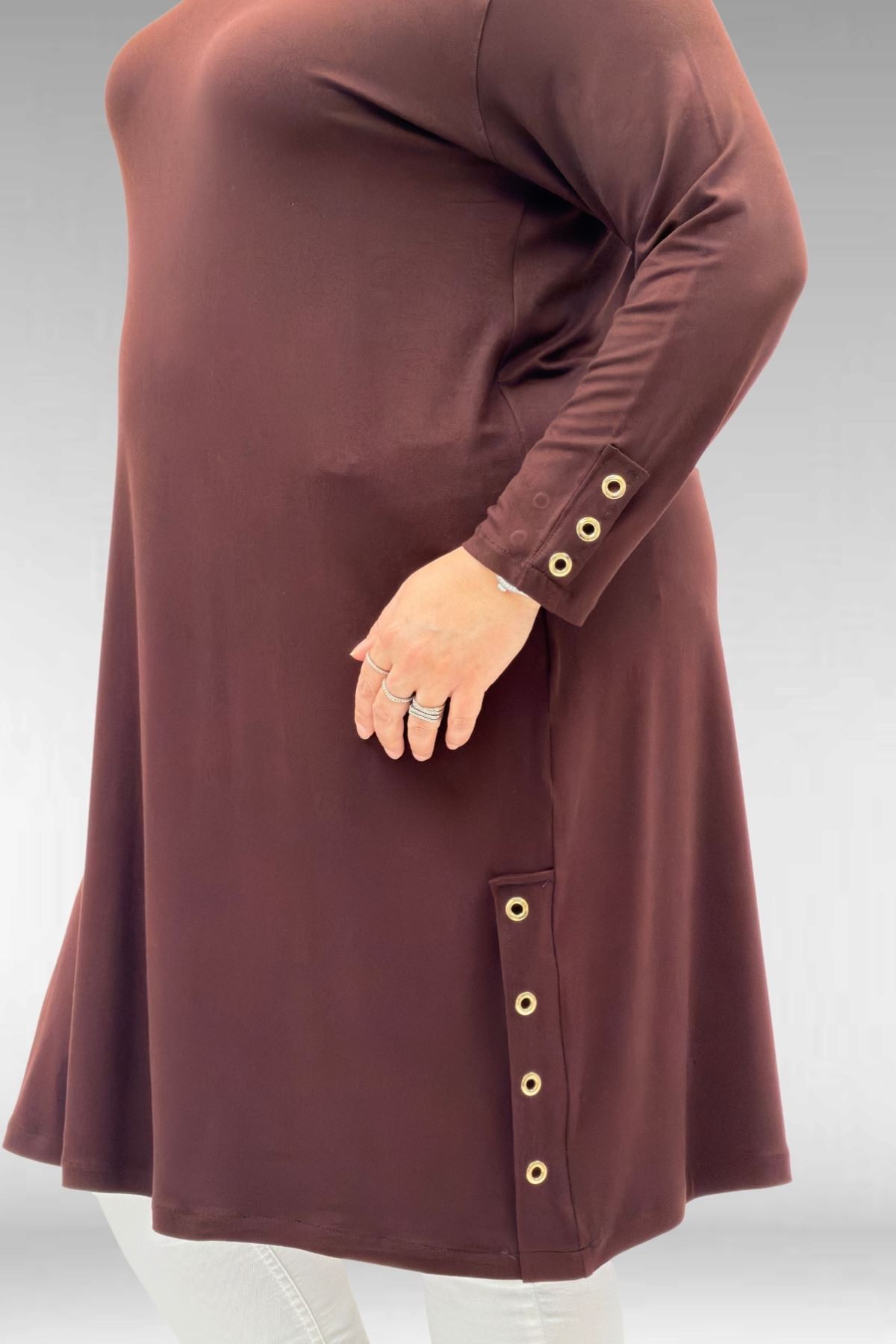 68029 Büyük Beden Yanları Kuşgözü Detaylı Penye Tunik - Kahve