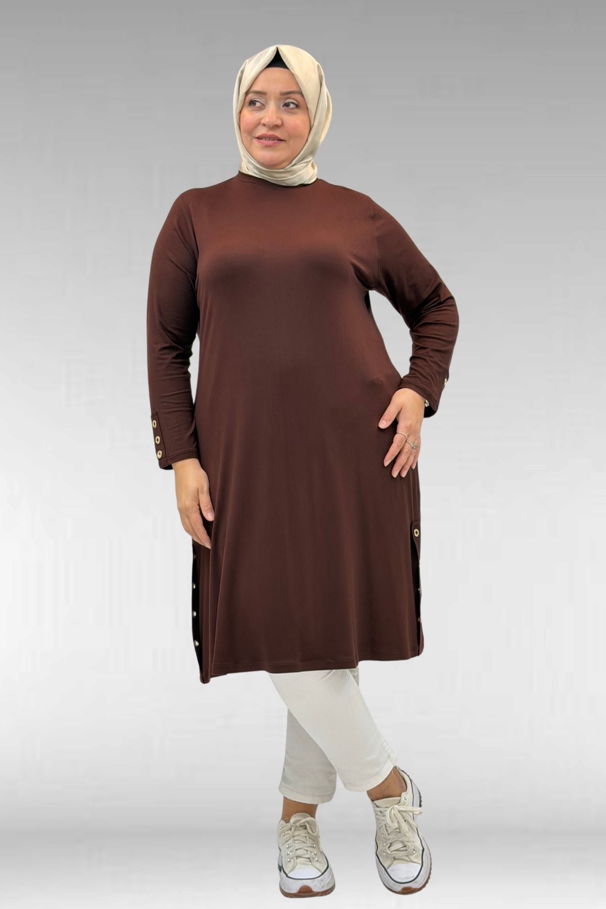 68029 Büyük Beden Yanları Kuşgözü Detaylı Penye Tunik - Kahve