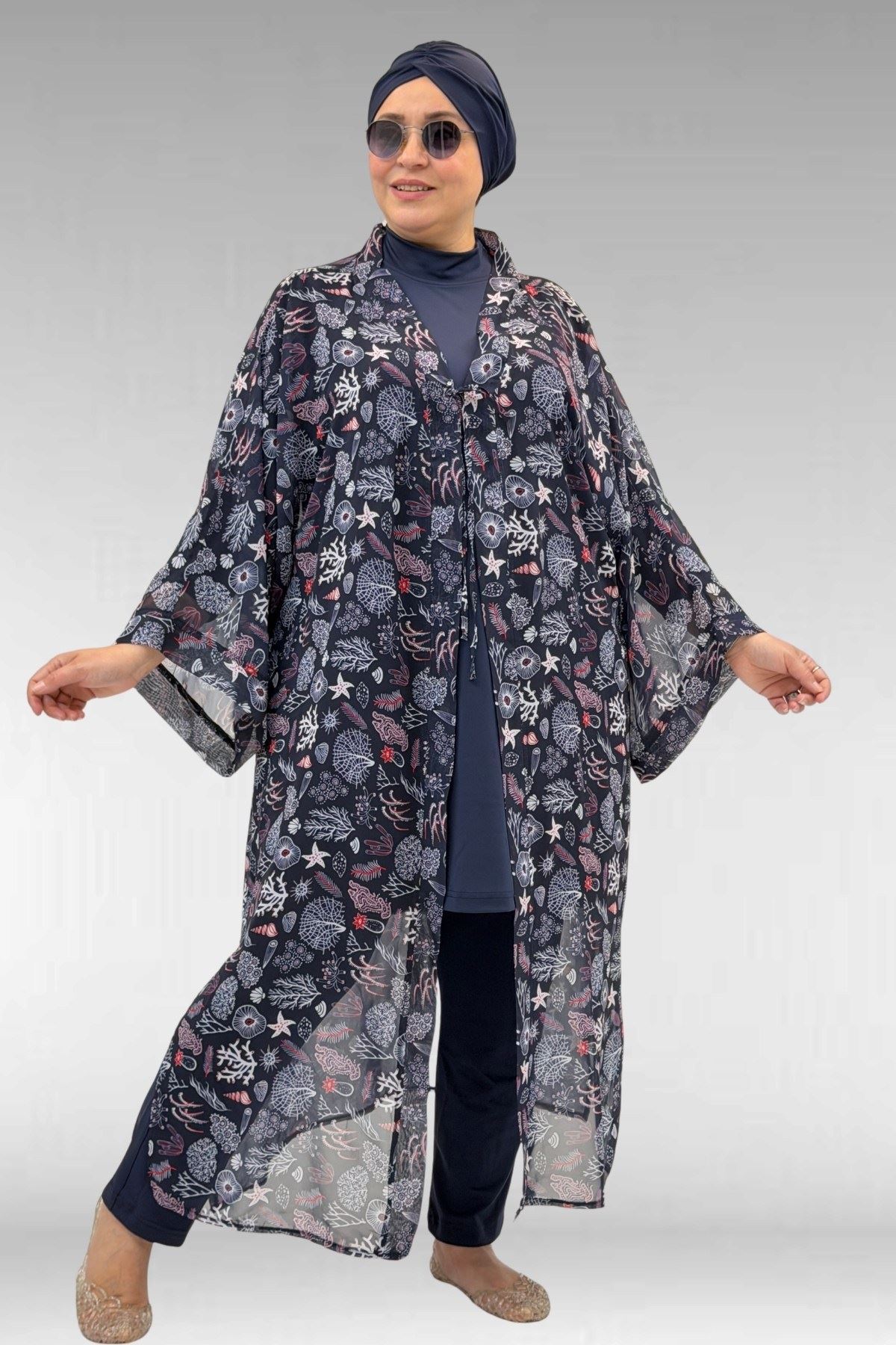 1735 Büyük Beden Garni Detaylı Pareo - Karışık Desen Laci