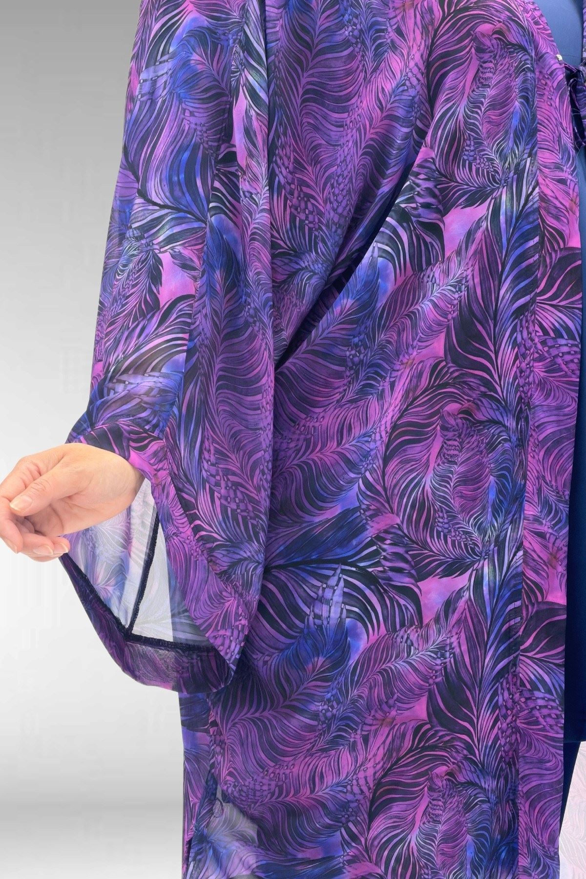 1735 Büyük Beden Garni Detaylı Pareo - Yaprak Desen Mor