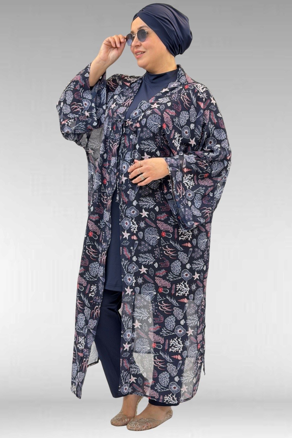 1735 Büyük Beden Garni Detaylı Pareo - Karışık Desen Laci