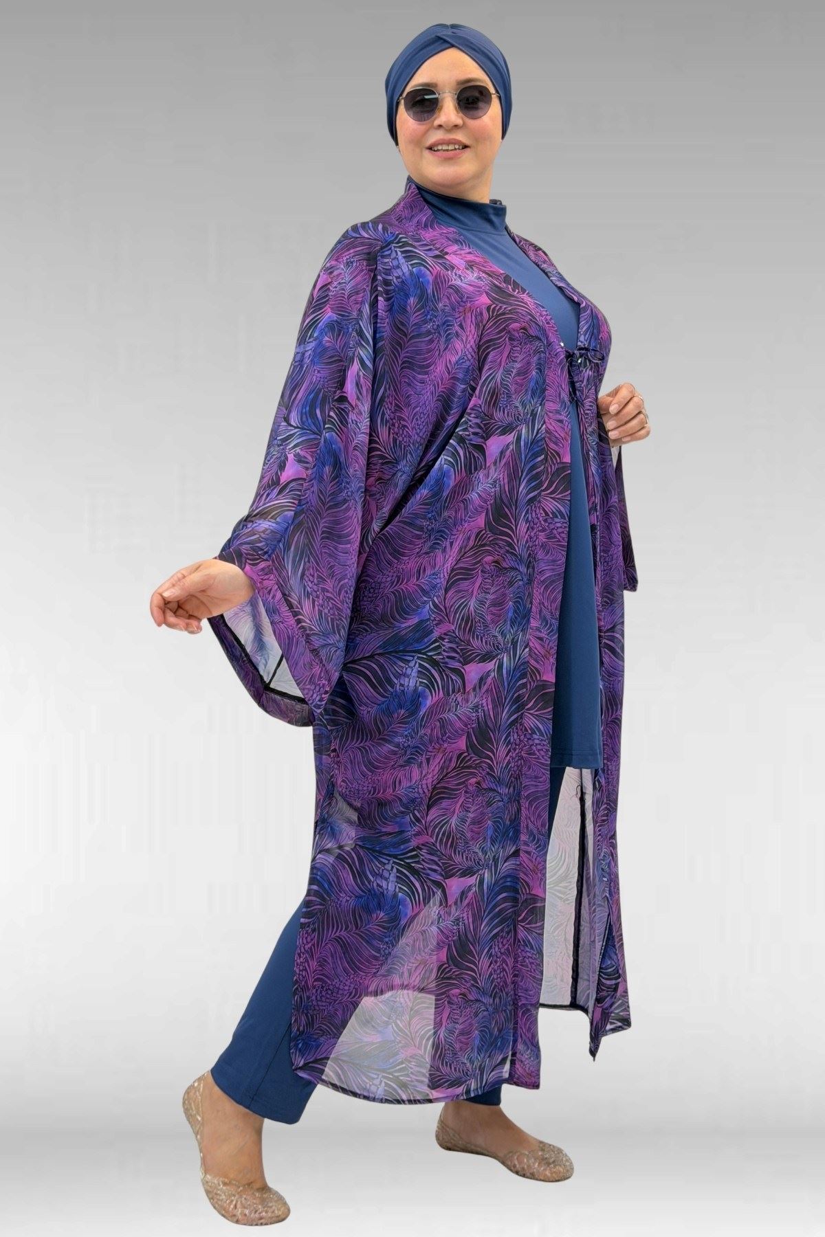 1735 Büyük Beden Garni Detaylı Pareo - Yaprak Desen Mor