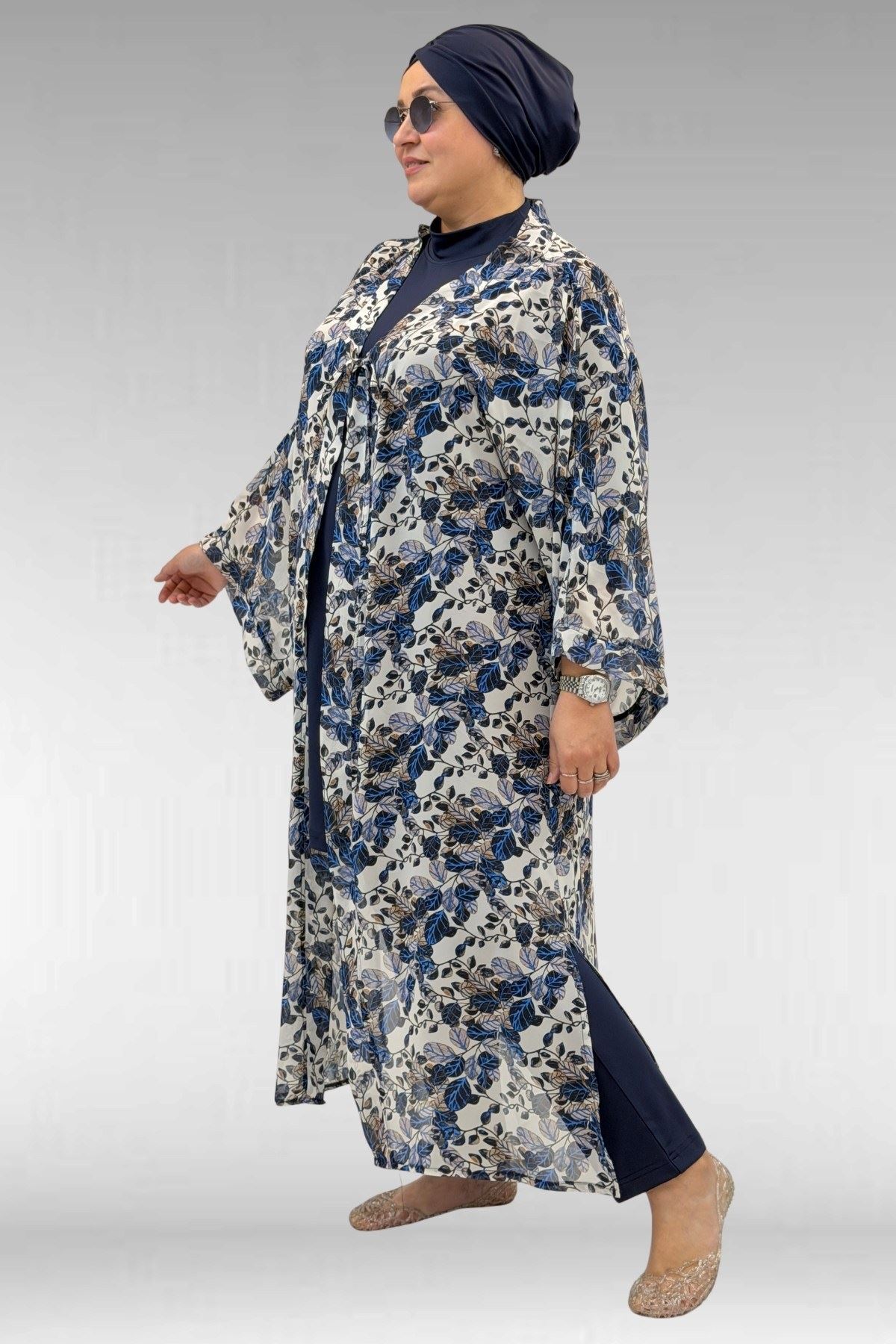 1735 Büyük Beden Garni Detaylı Pareo - Yaprak Desen Mavi