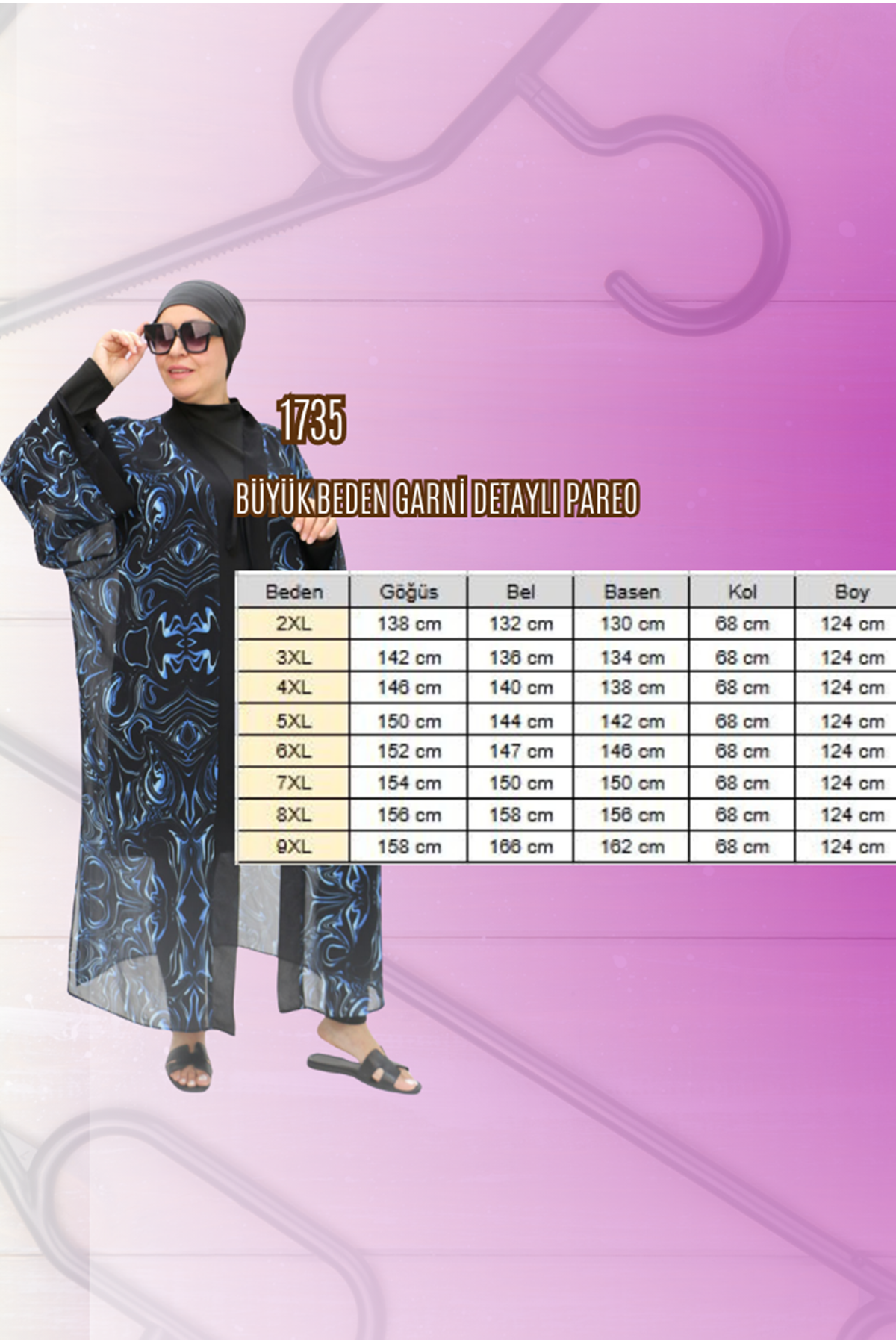 1735 Büyük Beden Garni Detaylı Pareo - Aqua Mavi