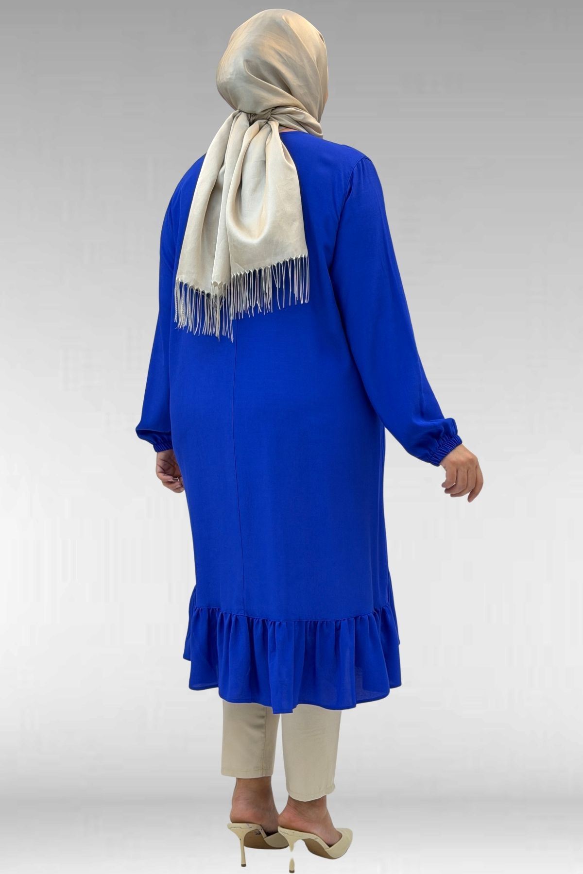 68033 Büyük Beden Eteği Fırfırlı Maroken Tunik - Saks