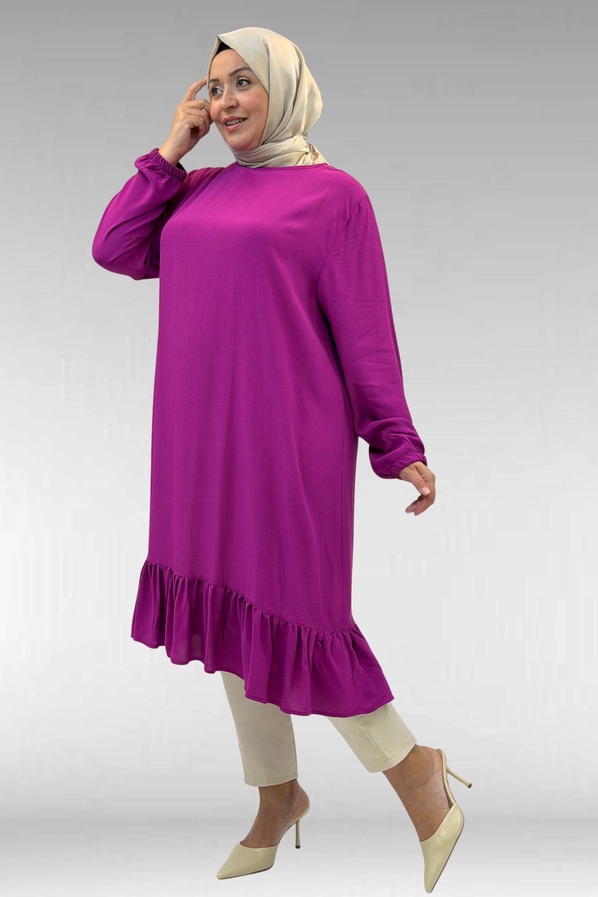 68033 Büyük Beden Eteği Fırfırlı Maroken Tunik - Fuşya