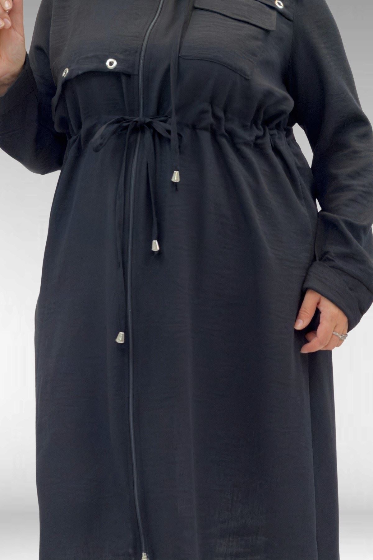 63008 Büyük Beden Kuşgözü Detaylı Keten Kap - Siyah