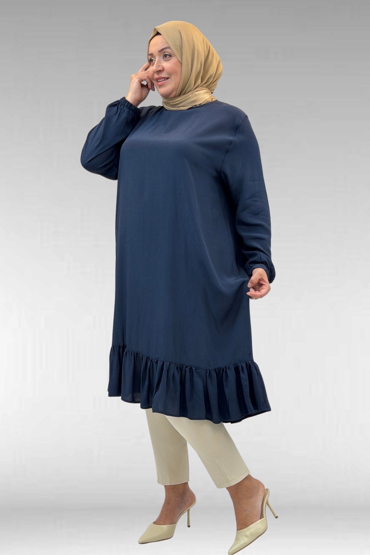 68033 Büyük Beden Eteği Fırfırlı Maroken Tunik - Lacivert