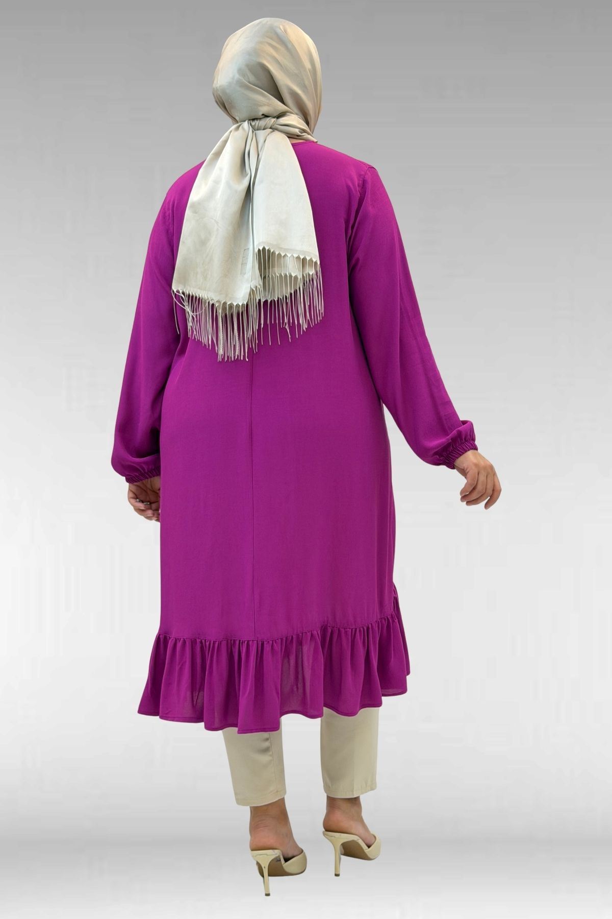 68033 Büyük Beden Eteği Fırfırlı Maroken Tunik - Fuşya