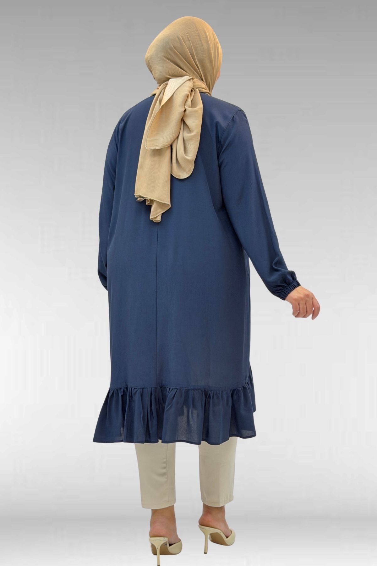 68033 Büyük Beden Eteği Fırfırlı Maroken Tunik - Lacivert