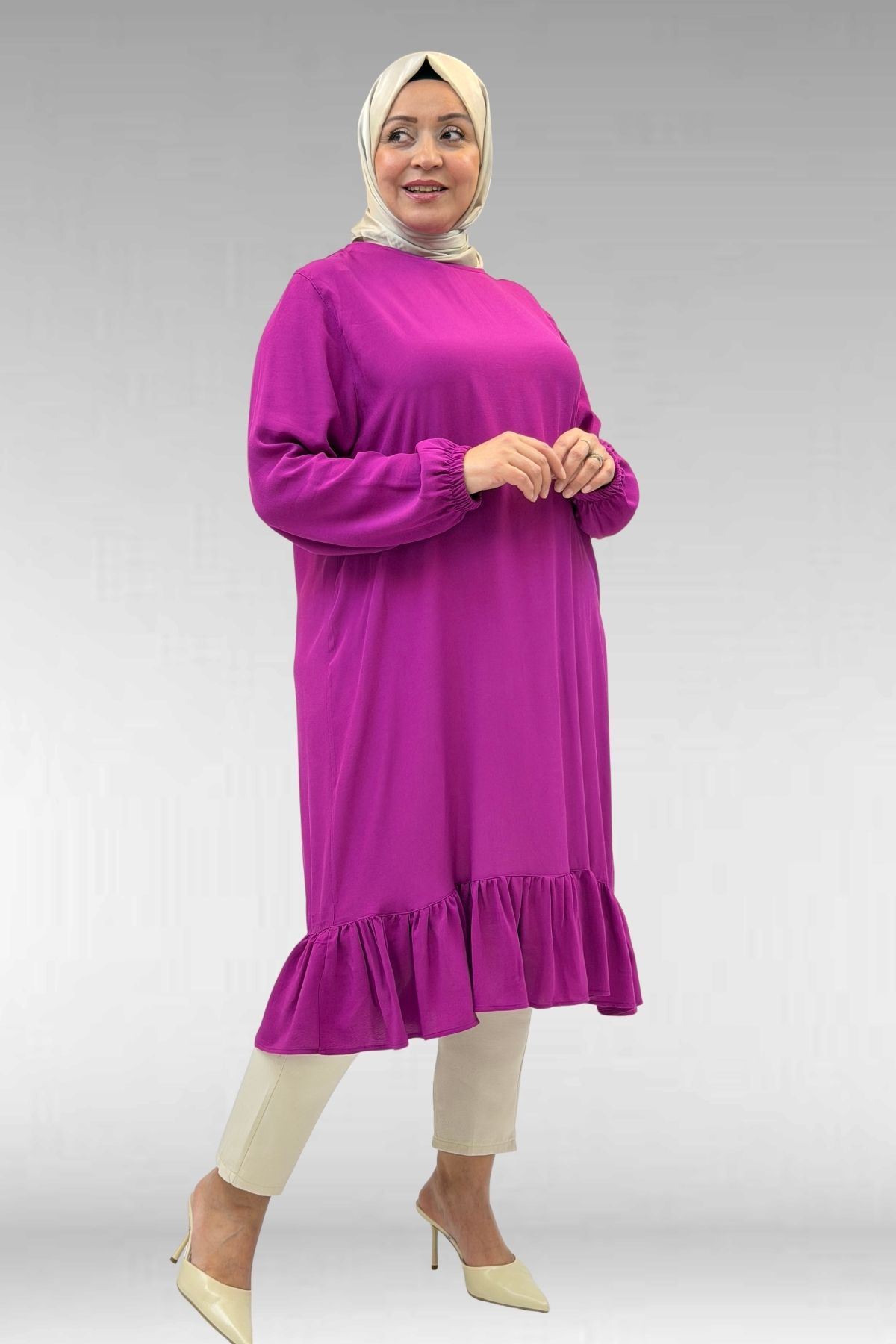 68033 Büyük Beden Eteği Fırfırlı Maroken Tunik - Fuşya