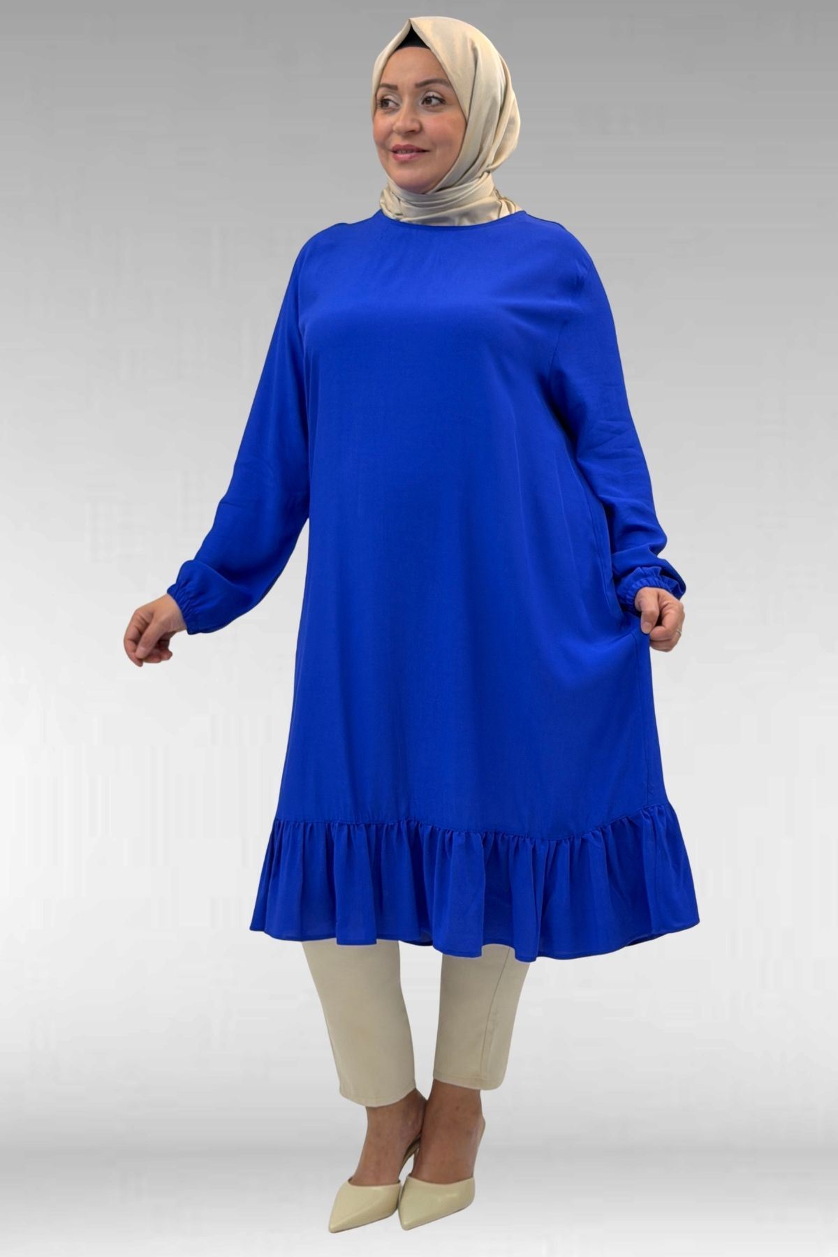 68033 Büyük Beden Eteği Fırfırlı Maroken Tunik - Saks