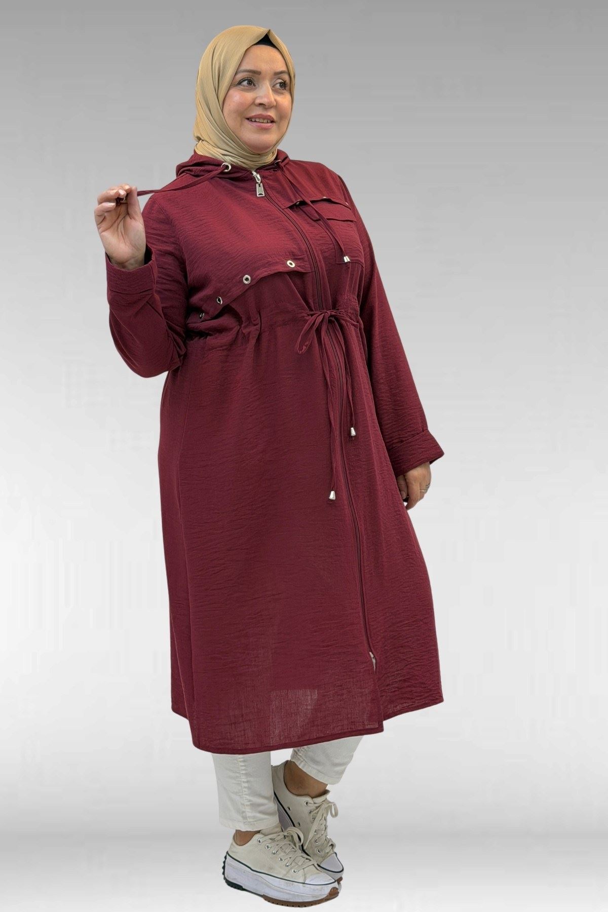 63008 Büyük Beden Kuşgözü Detaylı Keten Kap - Bordo