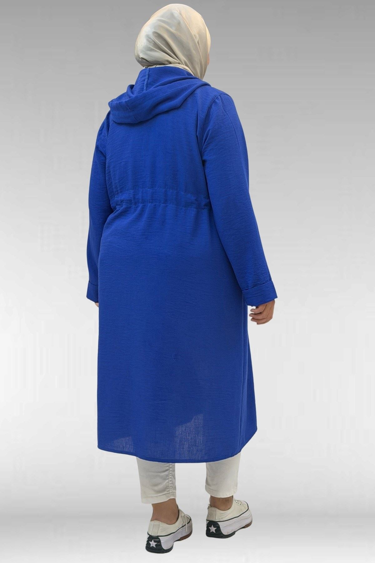 63008 Büyük Beden Kuşgözü Detaylı Keten Kap - Saks