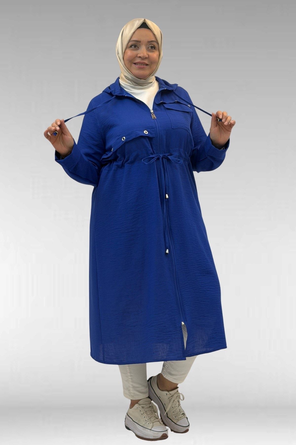 63008 Büyük Beden Kuşgözü Detaylı Keten Kap - Saks