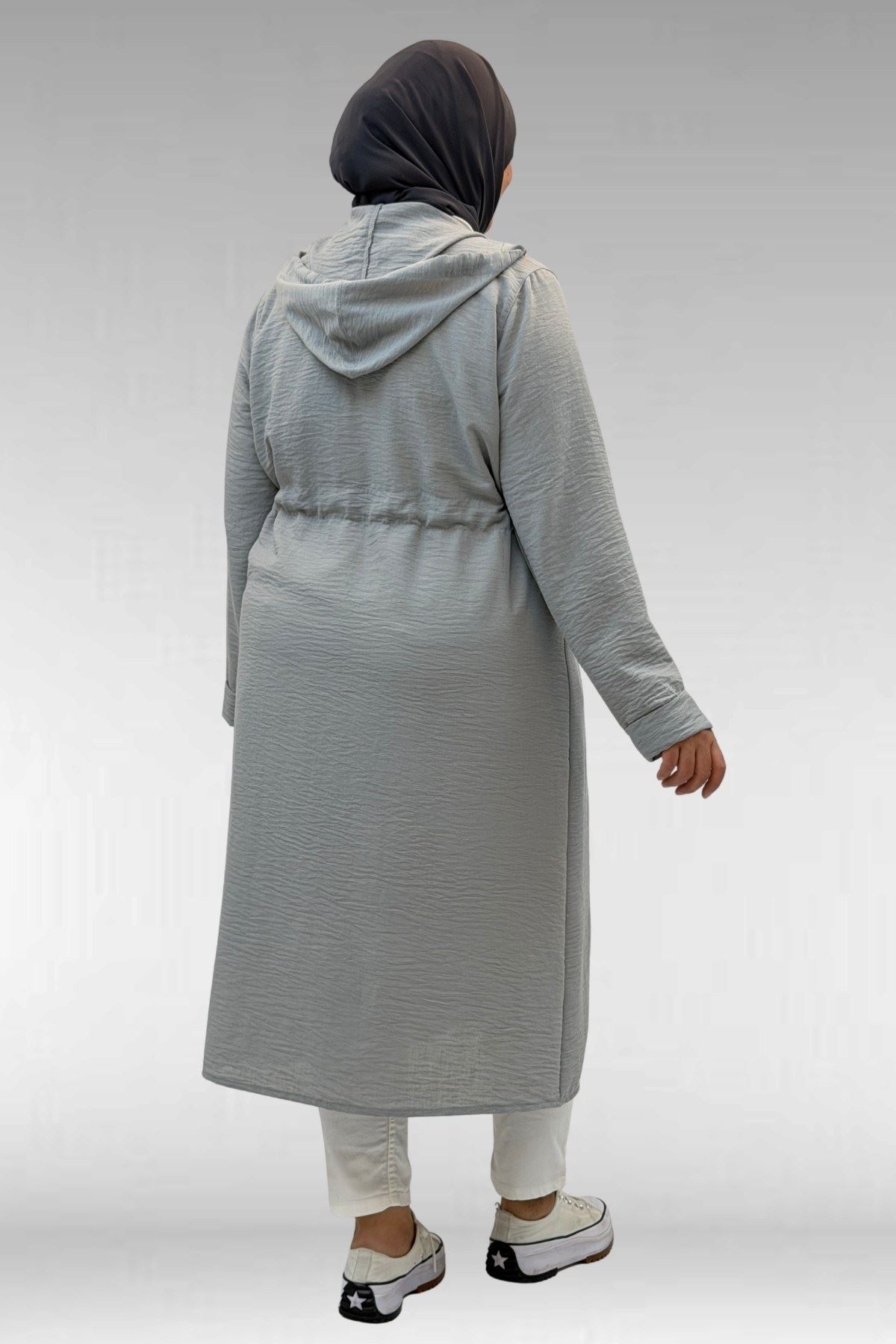 63008 Büyük Beden Kuşgözü Detaylı Keten Kap - Gri