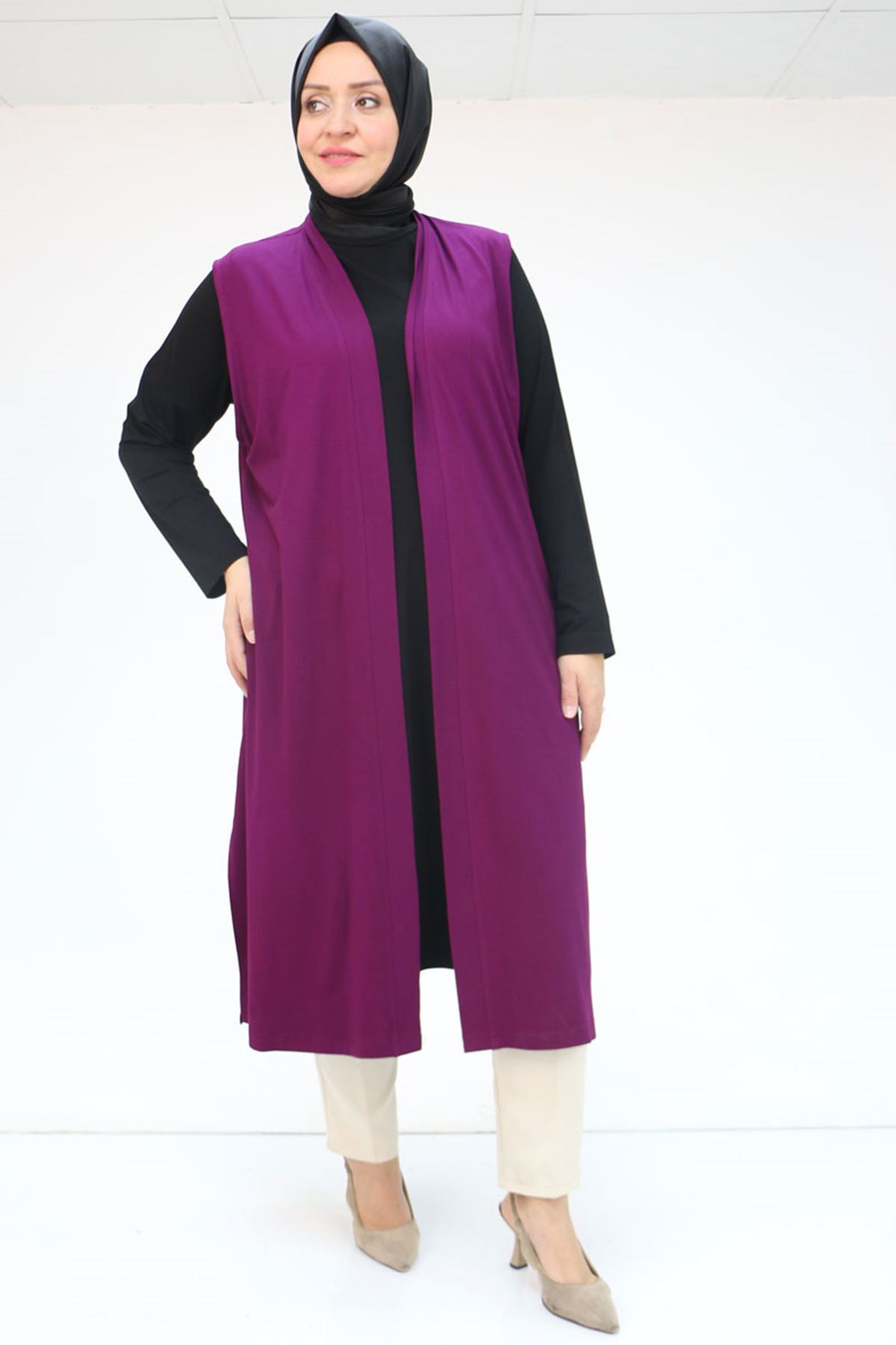 34000 Büyük Beden Penye Giy-Çık Yelek -  Mürdüm