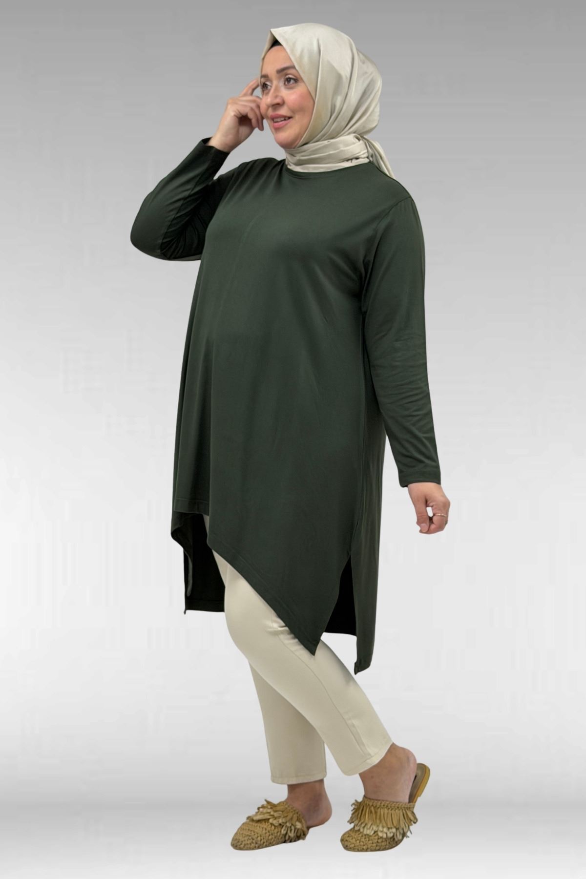 58070 Büyük Beden Asimetrik Kesim Penye Tunik - Haki