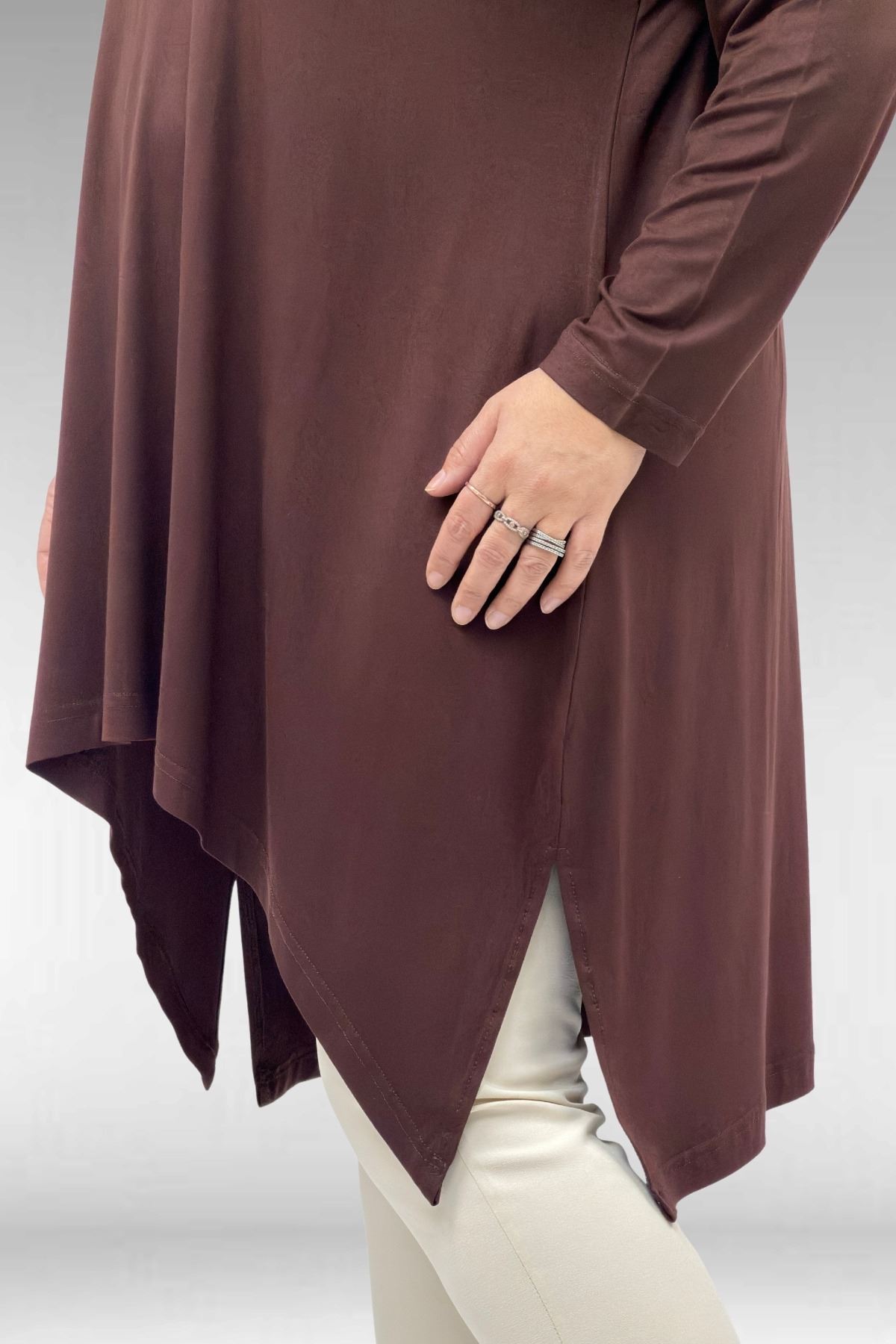 58070 Büyük Beden Asimetrik Kesim Penye Tunik - Kahve