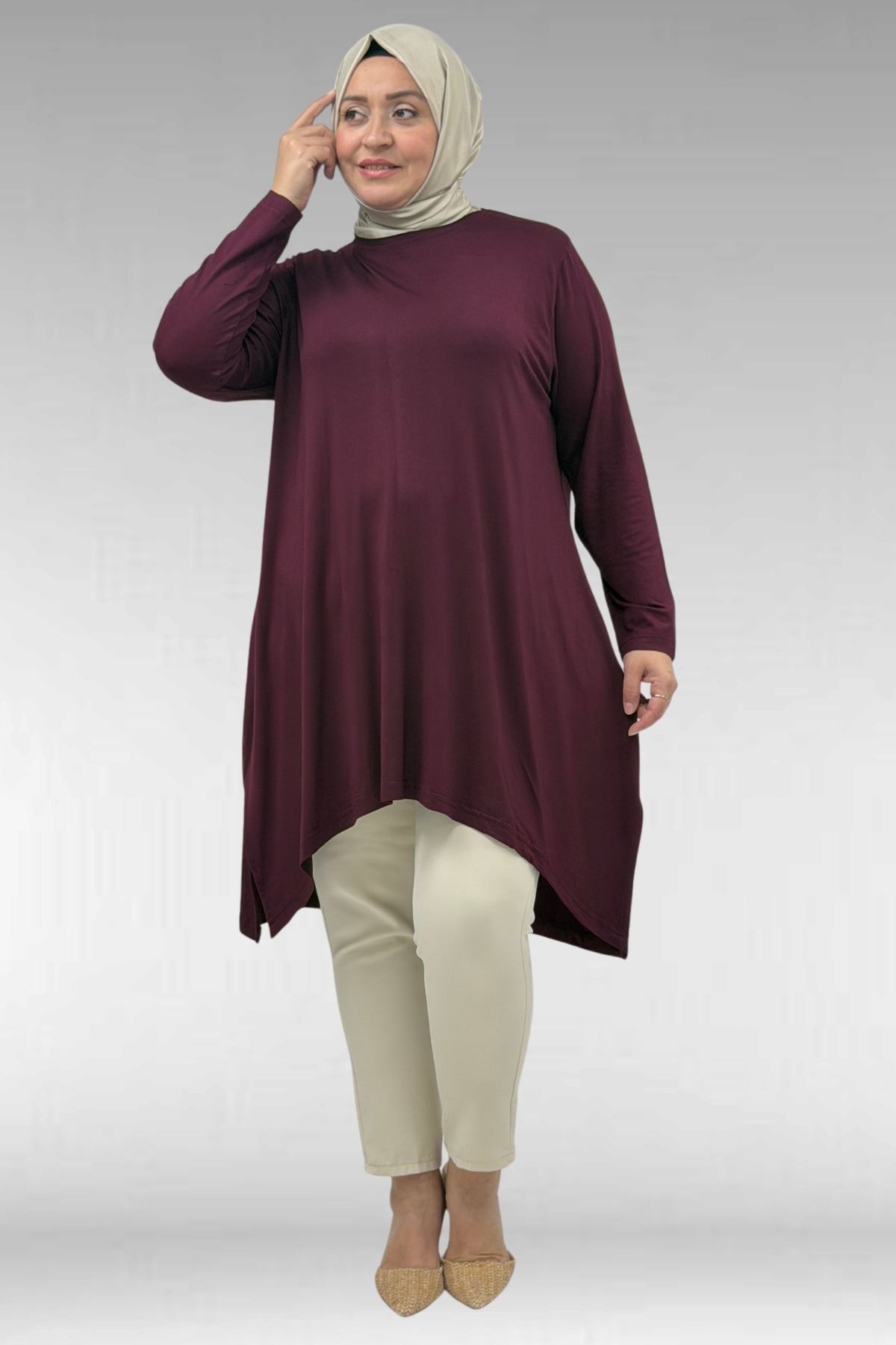 58070 Büyük Beden Asimetrik Kesim Penye Tunik - Bordo