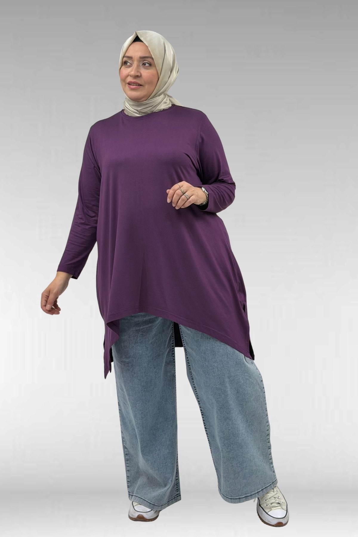 58070 Büyük Beden Asimetrik Kesim Penye Tunik - Mürdüm