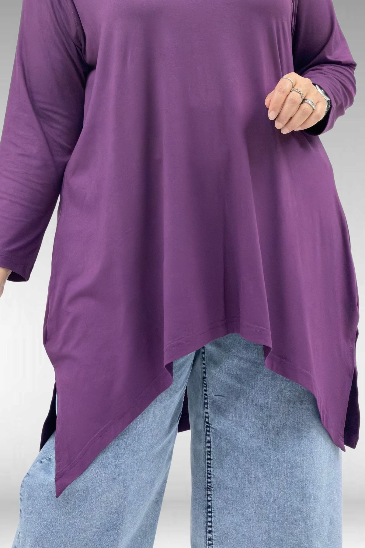 58070 Büyük Beden Asimetrik Kesim Penye Tunik - Mürdüm