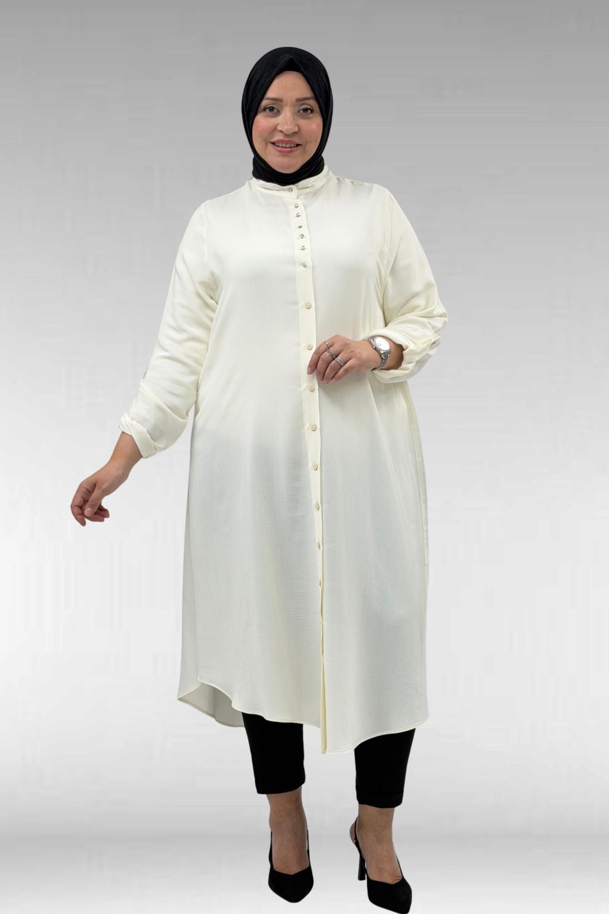 68039 Büyük Beden Hakim Yaka Maroken Gömlek - Ekru