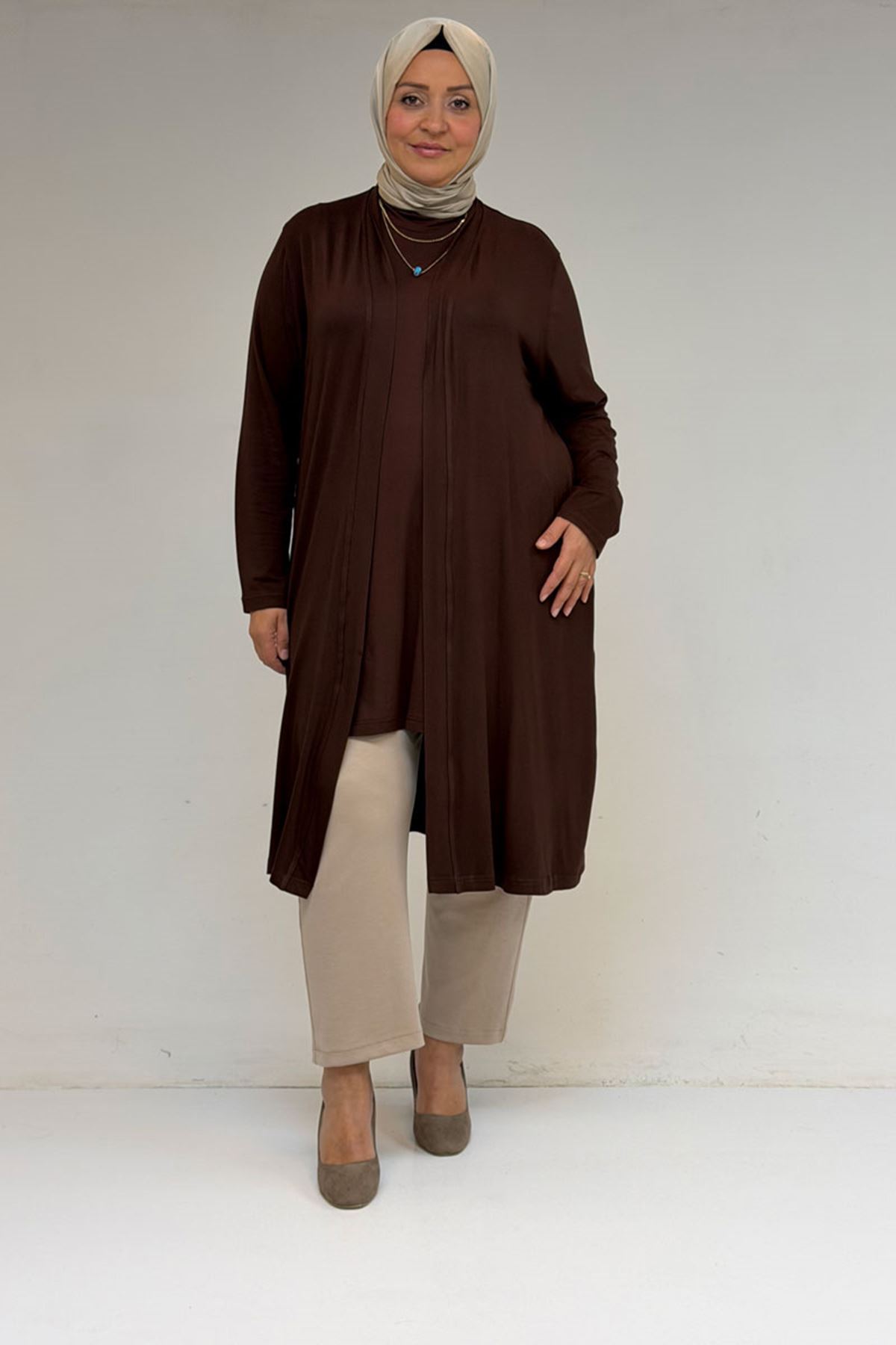 43008 Büyük Beden Penye Ceket - Kahve