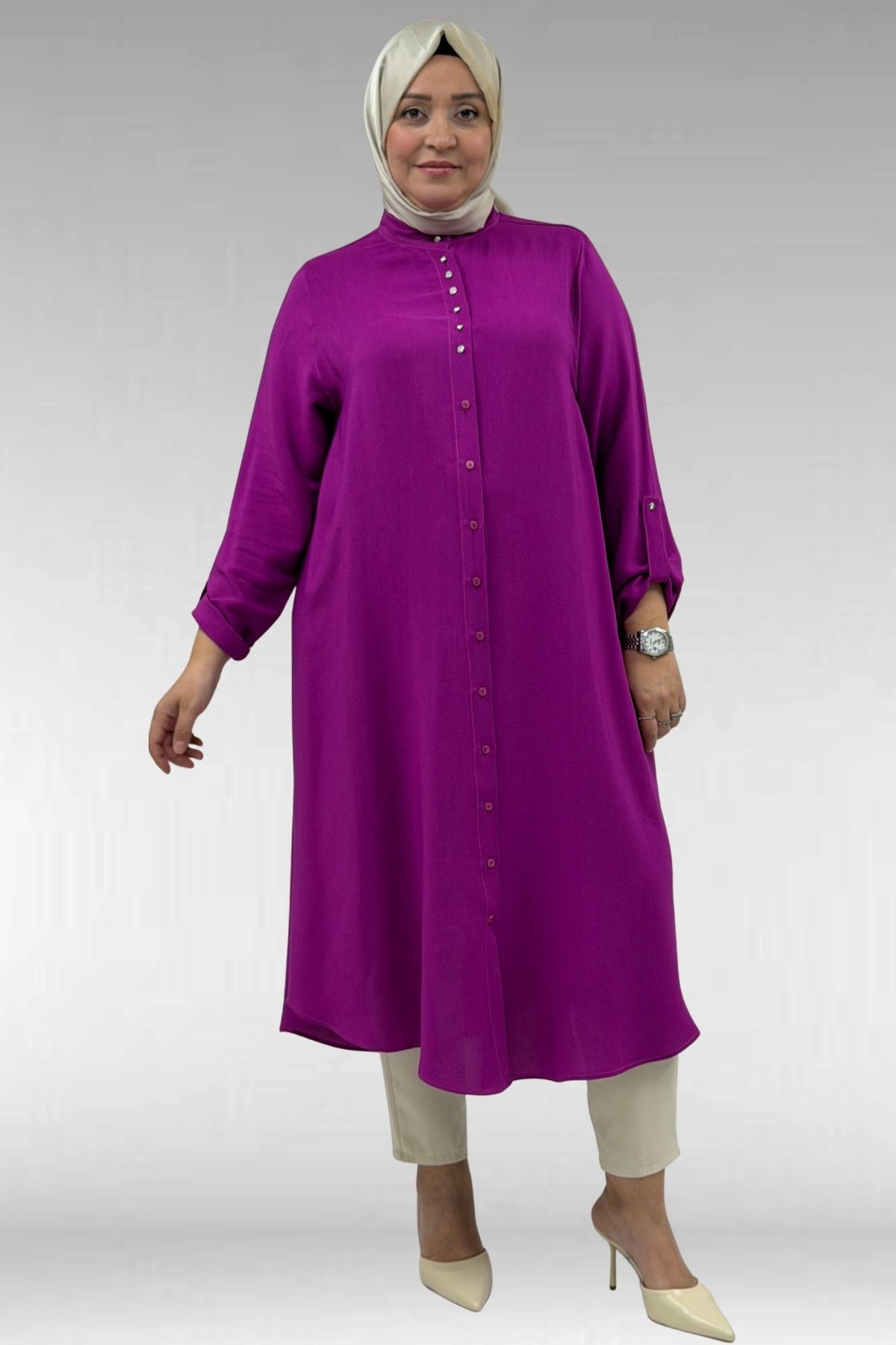 68039 Büyük Beden Hakim Yaka Maroken Gömlek - Fuşya