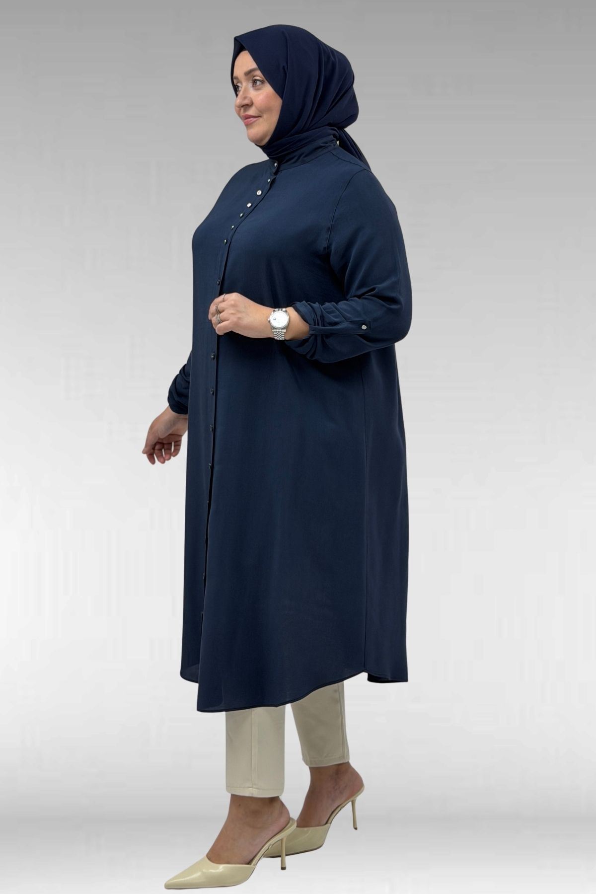 68039 Büyük Beden Hakim Yaka Maroken Gömlek - Lacivert