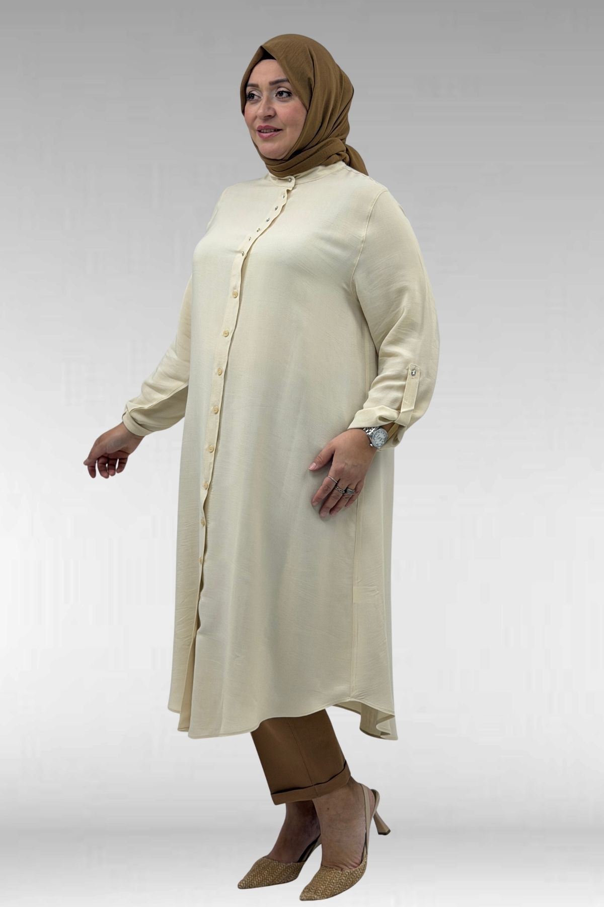 68039 Büyük Beden Hakim Yaka Maroken Gömlek - Bej