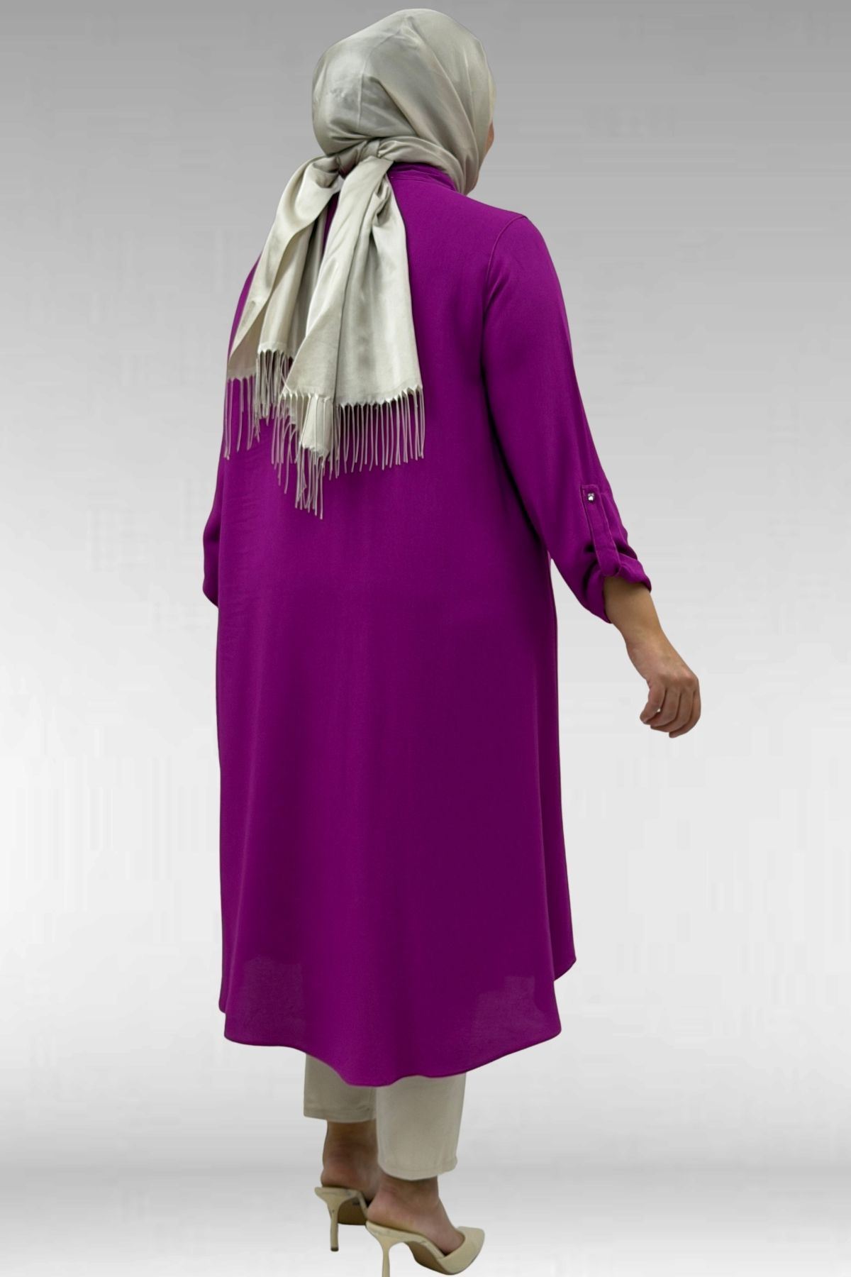 68039 Büyük Beden Hakim Yaka Maroken Gömlek - Fuşya