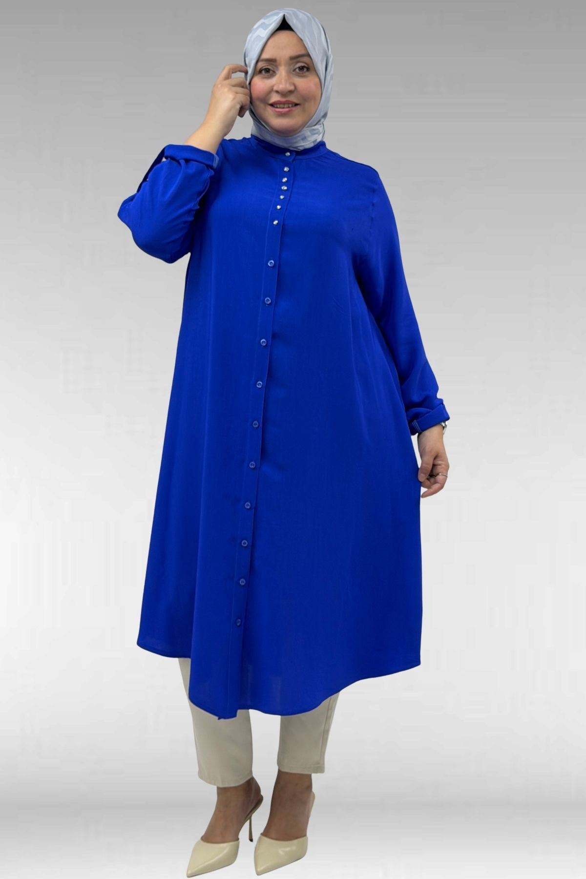 68039 Büyük Beden Hakim Yaka Maroken Gömlek - Saks