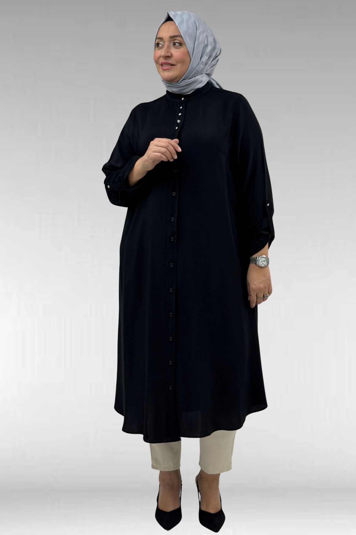 68039 Büyük Beden Hakim Yaka Maroken Gömlek - Siyah