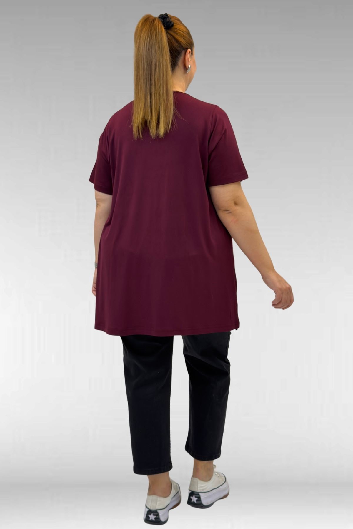68502 Büyük Beden  Yakası Biyeli Önü Baskılı Penye Tişört - Bordo