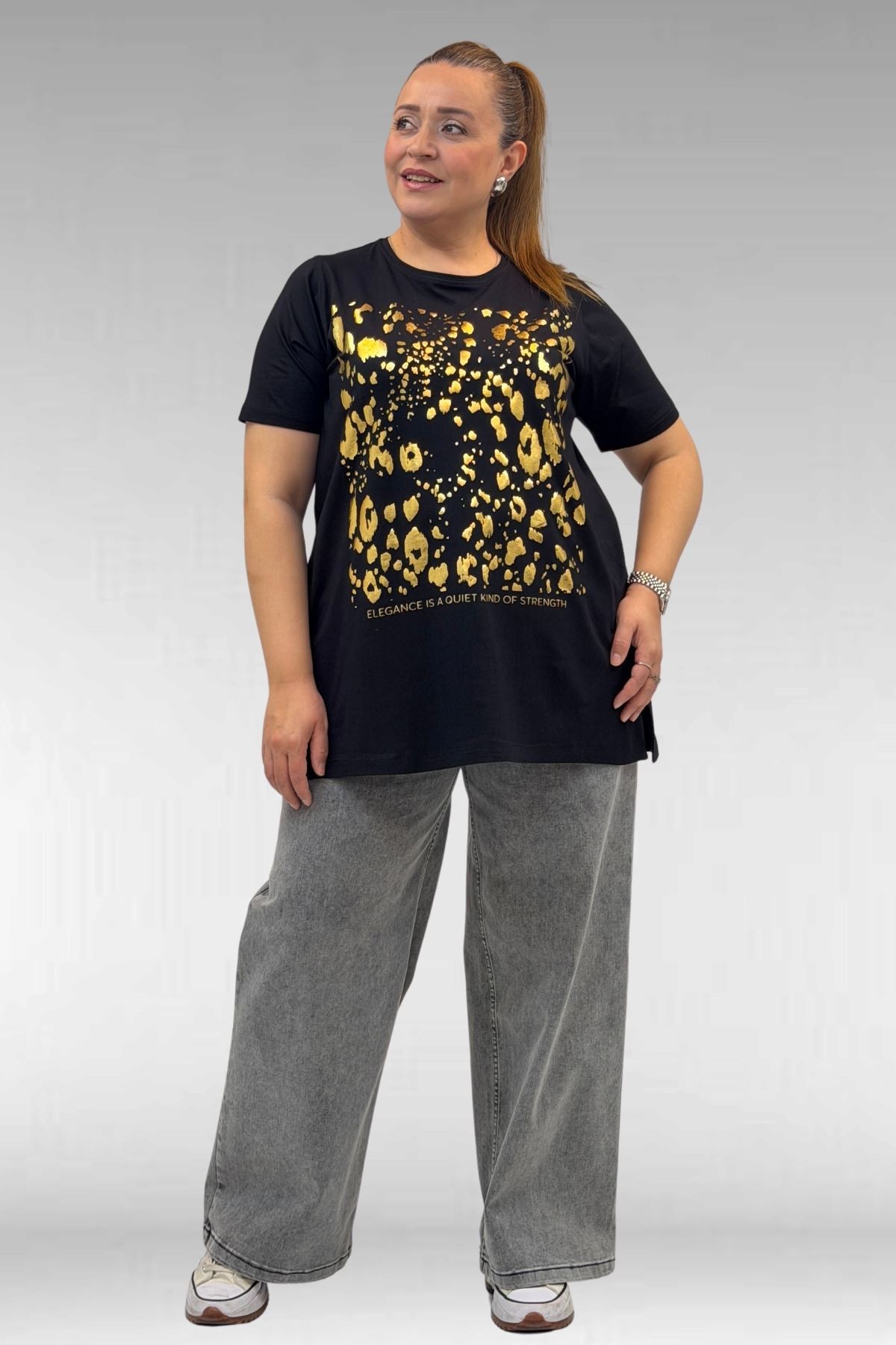 68502 Büyük Beden  Yakası Biyeli Önü Baskılı Penye Tişört - Siyah