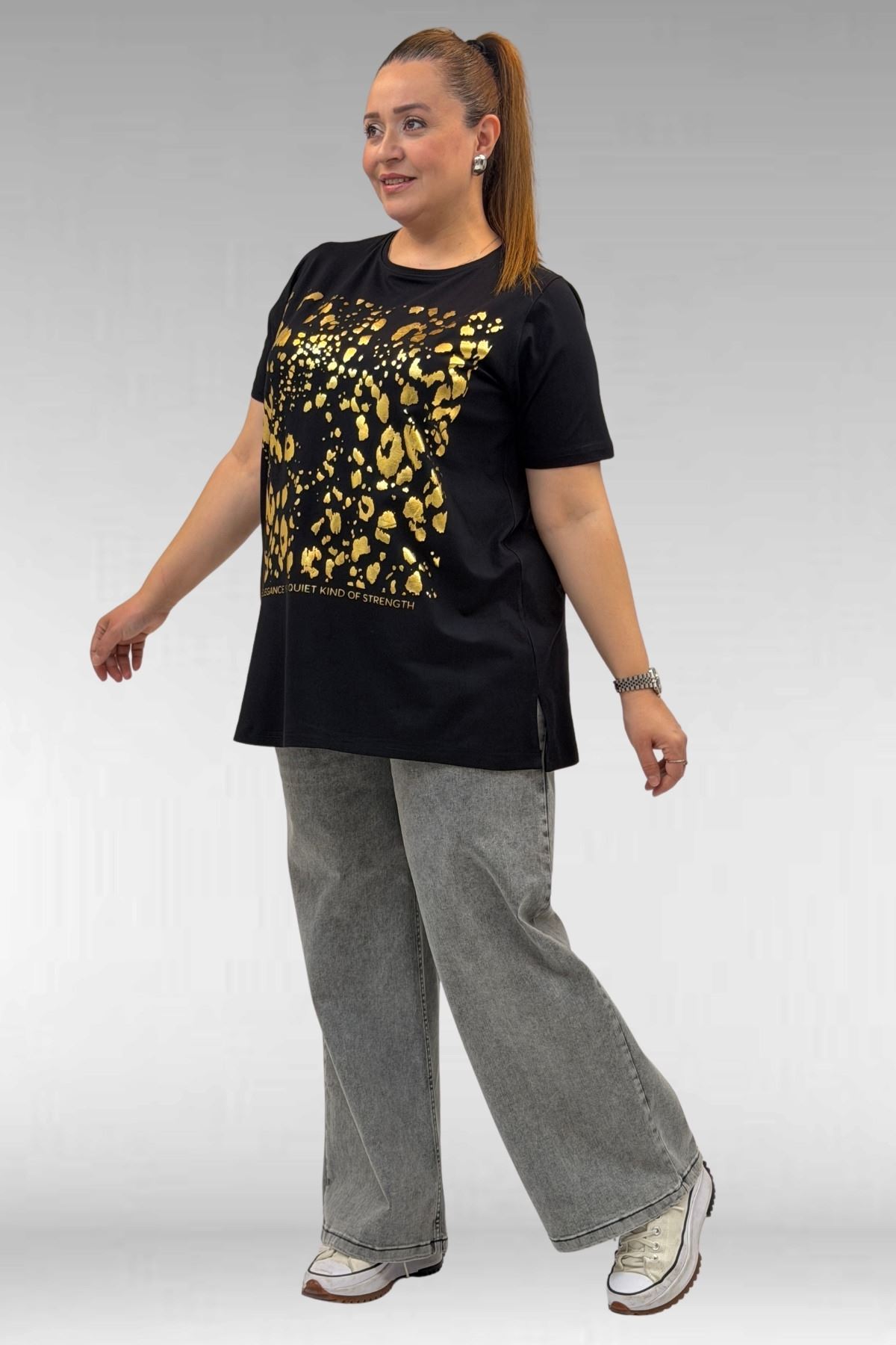 68502 Büyük Beden  Yakası Biyeli Önü Baskılı Penye Tişört - Siyah