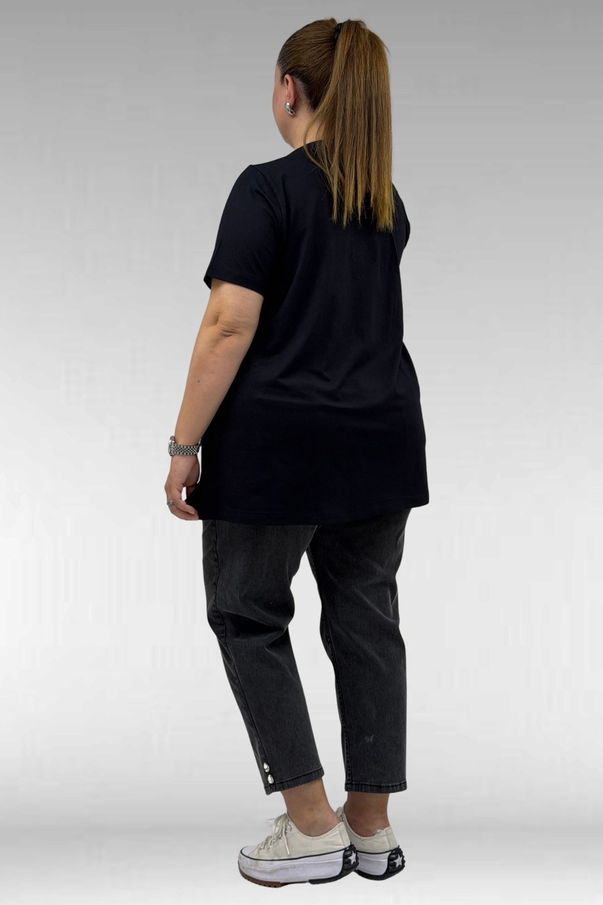 68503 Büyük Beden Yakası Biyeli Baskılı Penye Tişört - Siyah