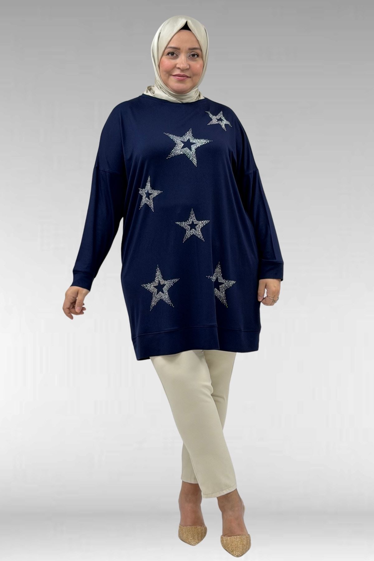 68027 Büyük Beden Yıldız Taş Baskılı Penye Tunik - Lacivert