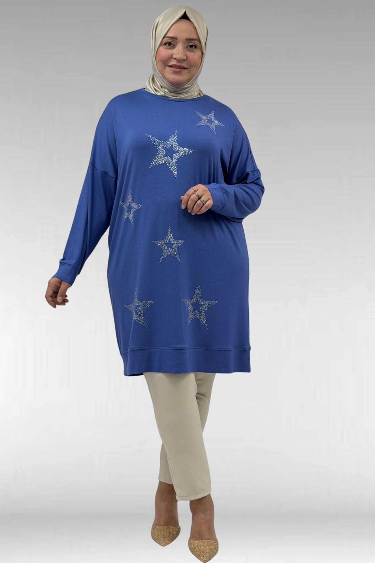 68027 Büyük Beden Yıldız Taş Baskılı Penye Tunik - İndigo