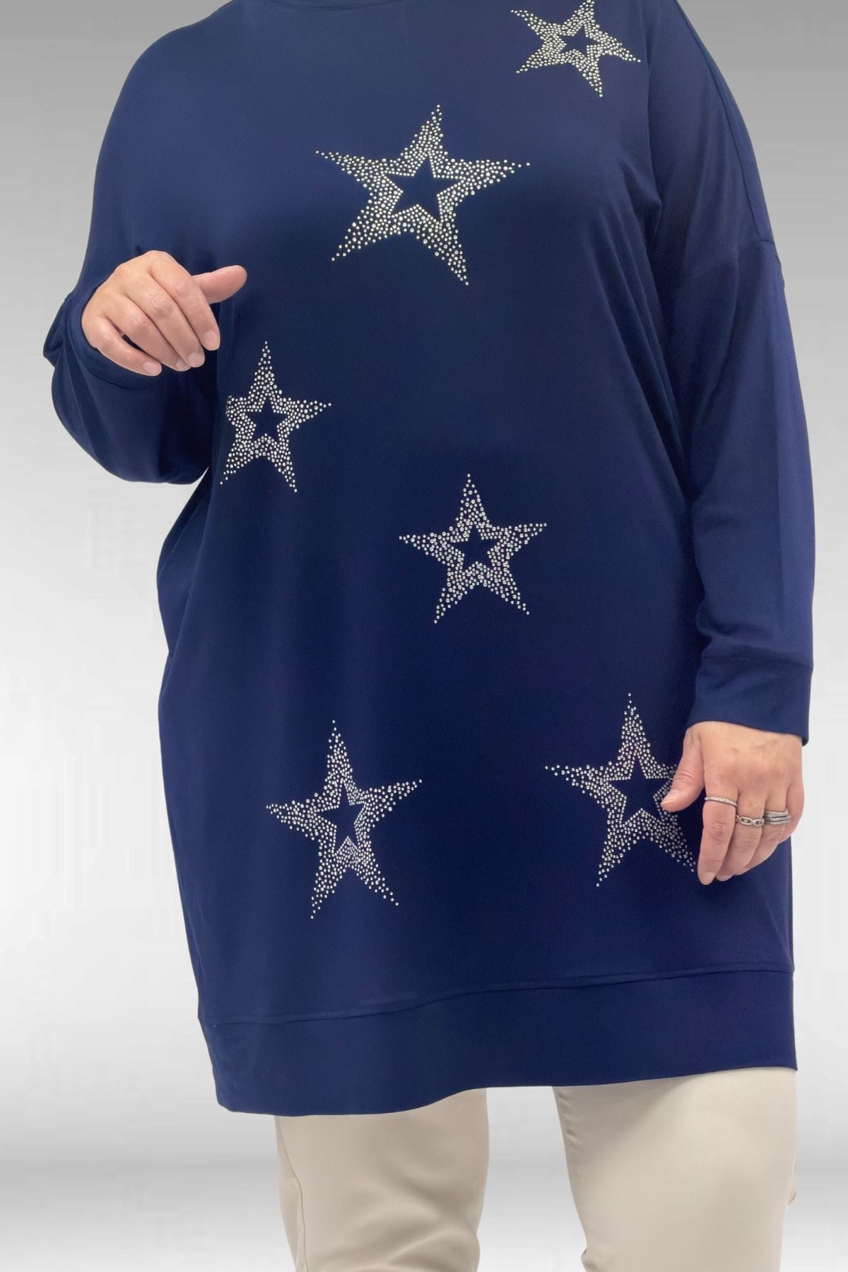 68027 Büyük Beden Yıldız Taş Baskılı Penye Tunik - Lacivert