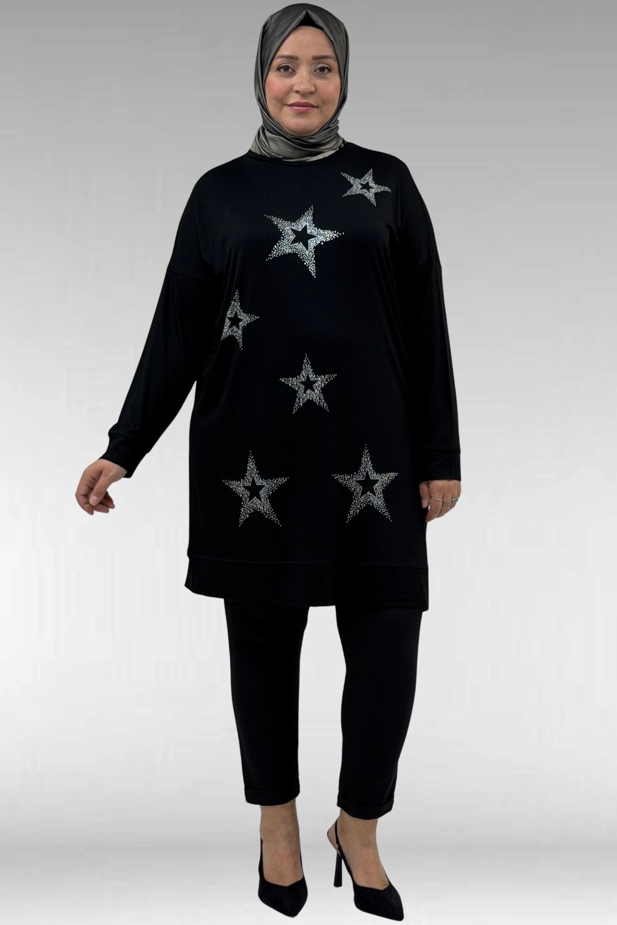 68027 Büyük Beden Yıldız Taş Baskılı Penye Tunik - Siyah