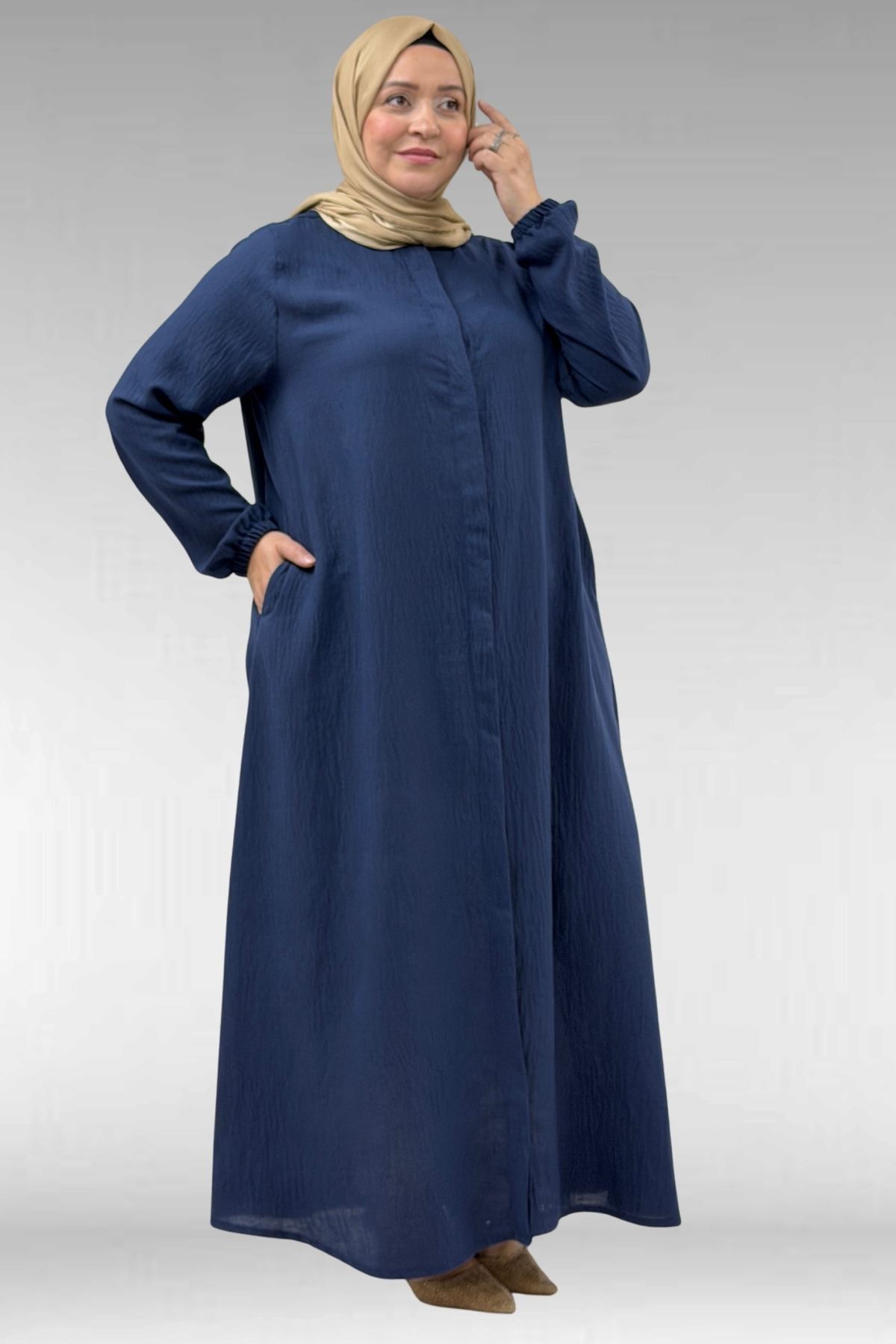 66005 Büyük Beden Patlı Pat Üzerinde Taş Detaylı Ferace - Lacivert