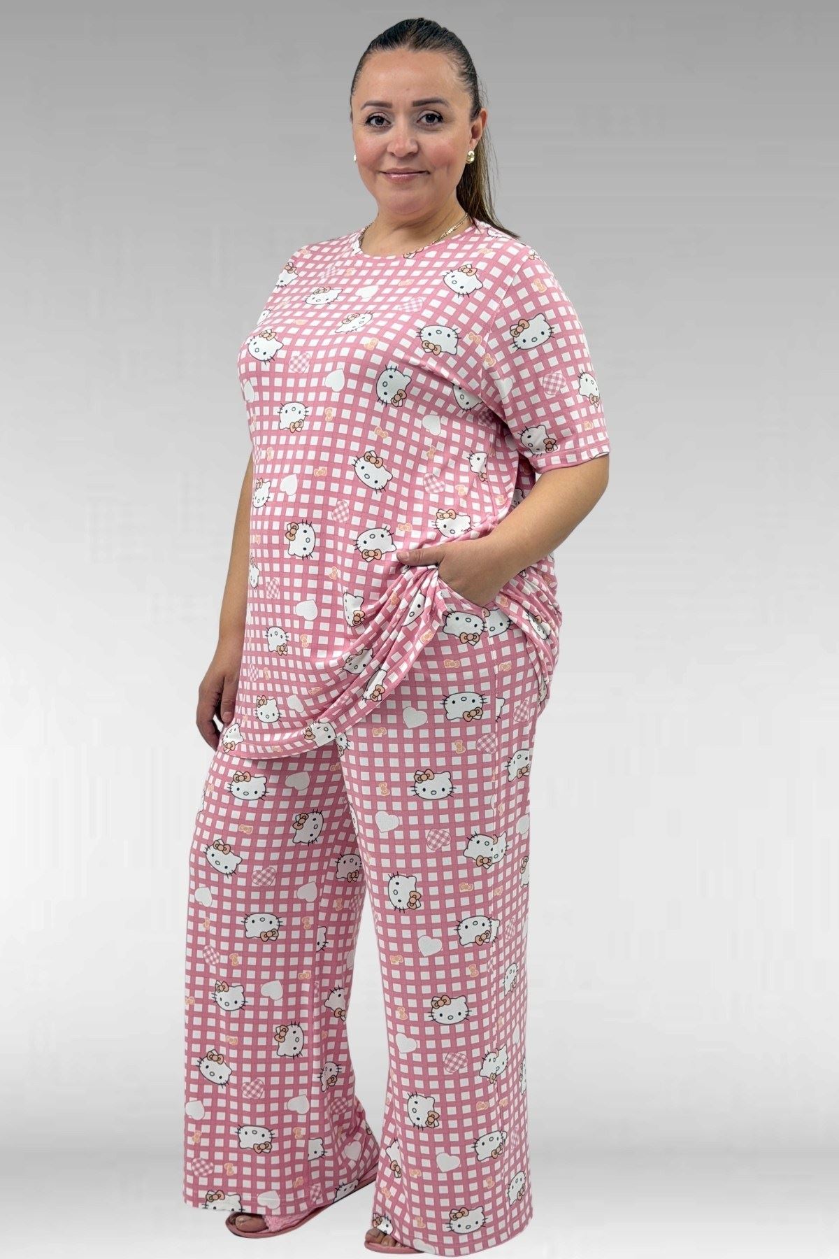 67801 Büyük Beden Kısakol Desenli  Pijama Takımı - Kedi Desenli