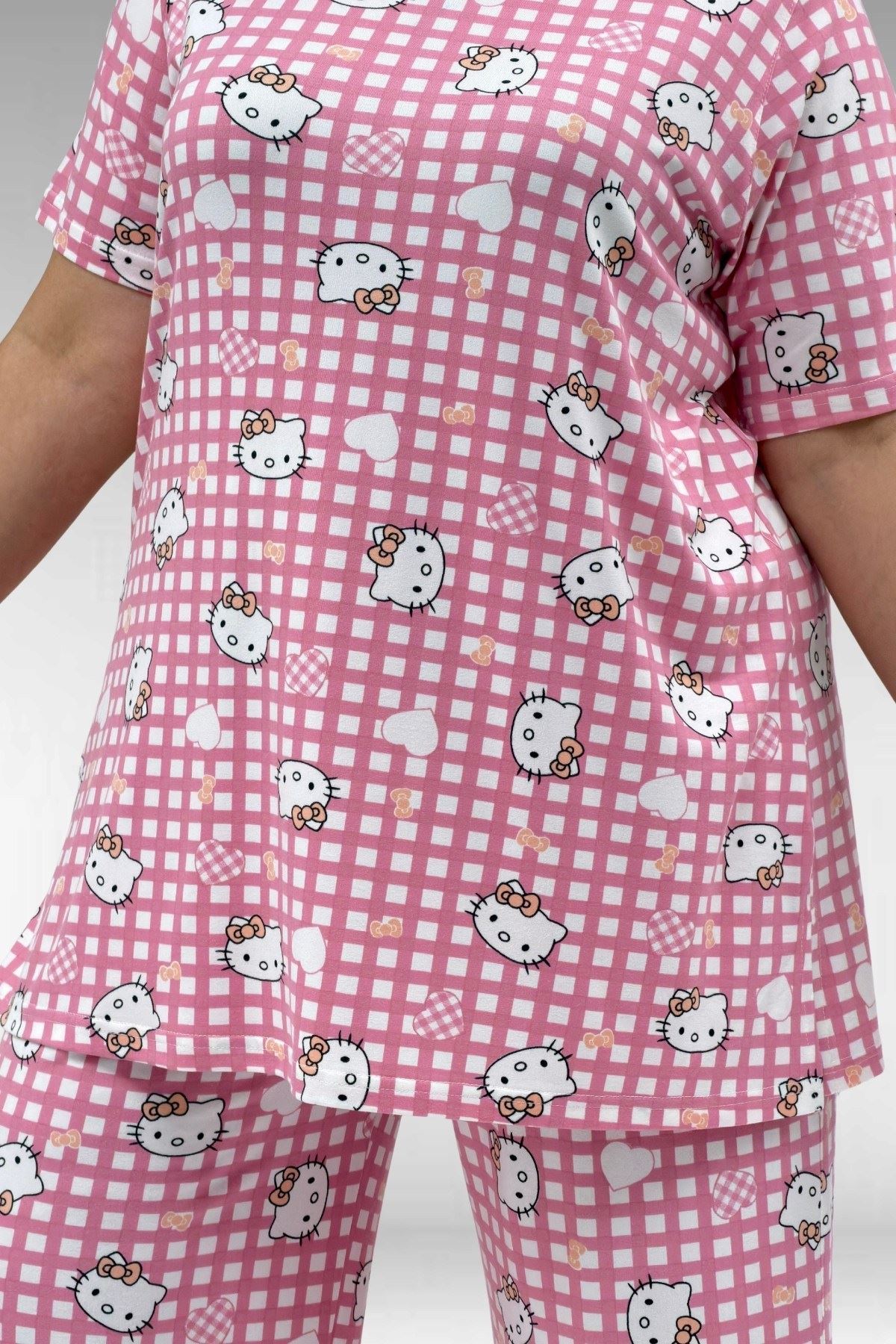 67801 Büyük Beden Kısakol Desenli  Pijama Takımı - Kedi Desenli