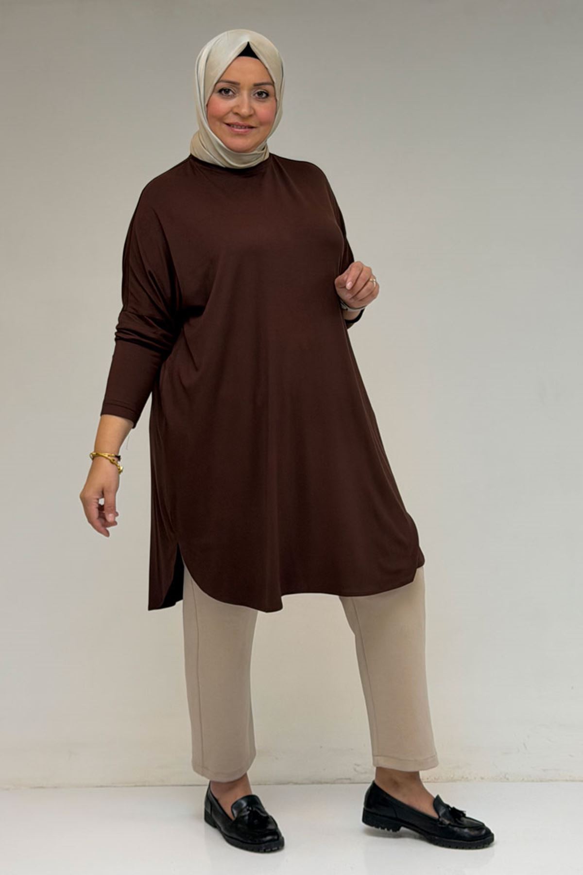 38111 Büyük Beden Basic Penye Tunik - Kahve