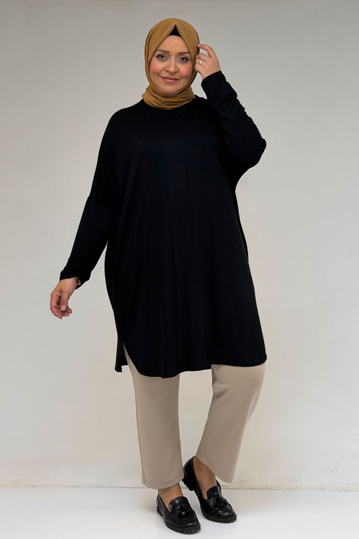 38111 Büyük Beden Basic Penye Tunik - Siyah